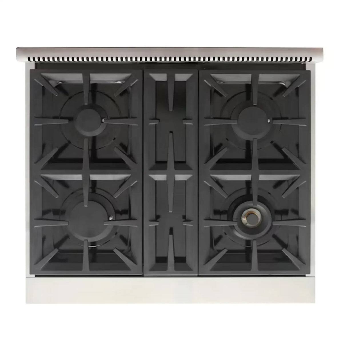 Black four-burner gas cooktop with metal grates and burner caps