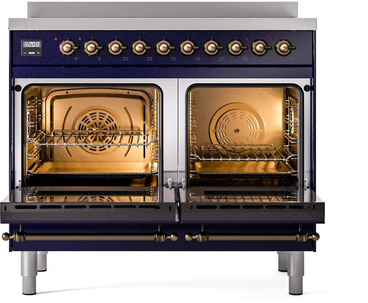 Midnight blue freestanding range with both oven doors open, showing racks and fan