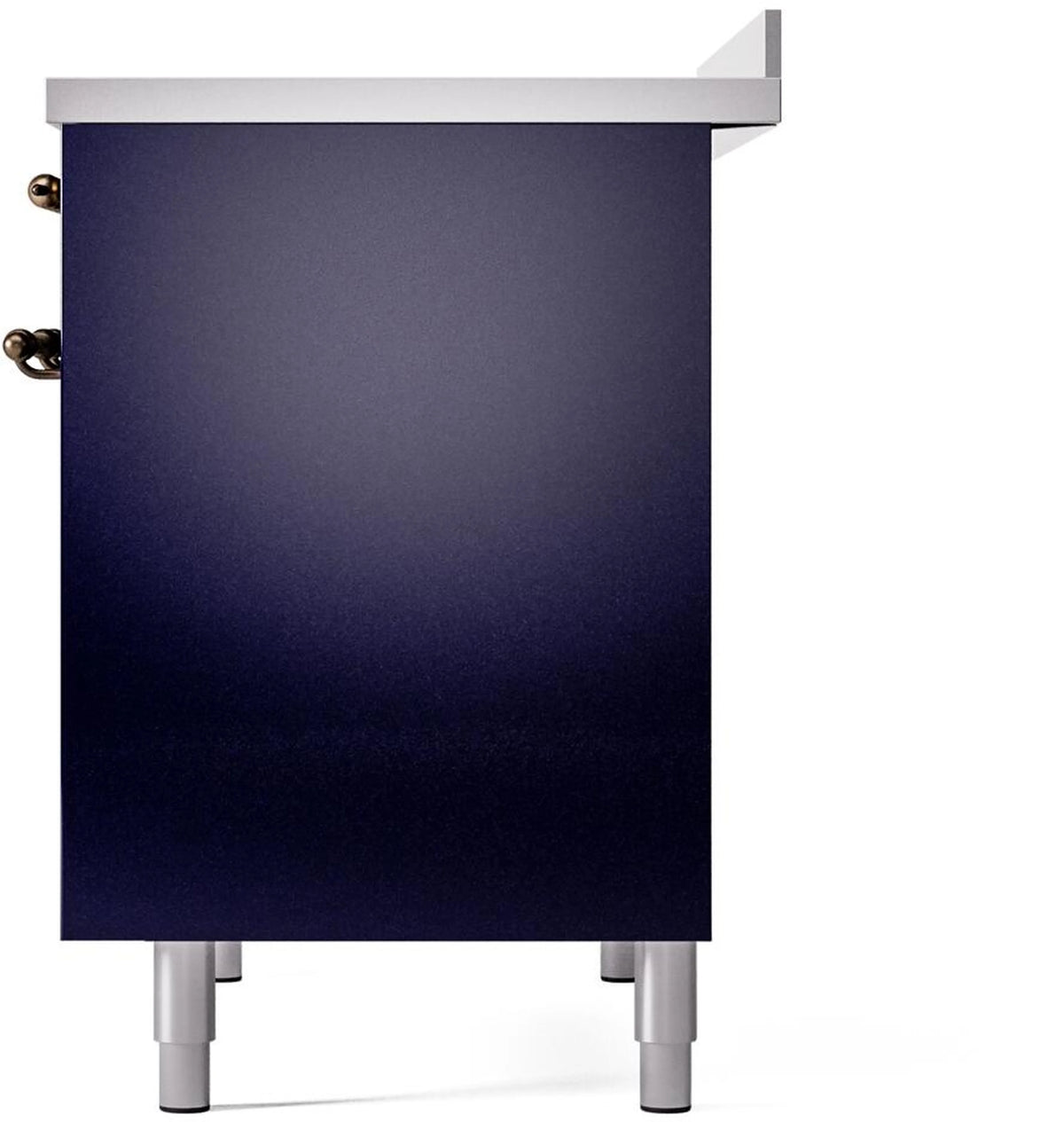 Midnight blue oven door side panel with bronze hinges and leveling feet
