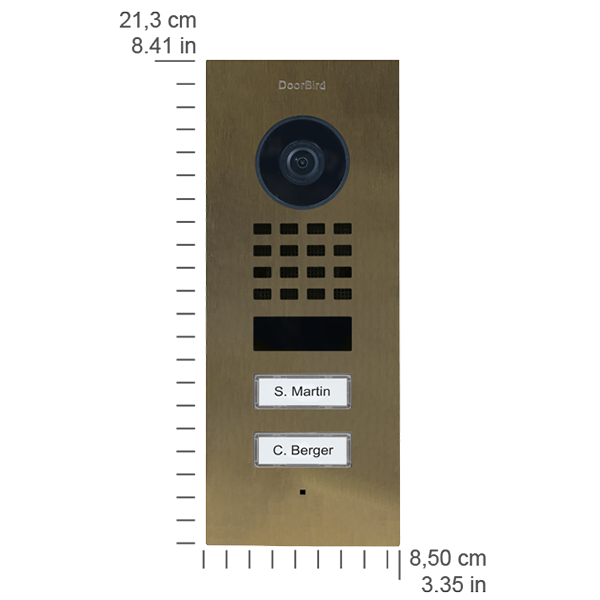 DoorBird video door station in burnished brass with camera, keypad, and two call nameplates