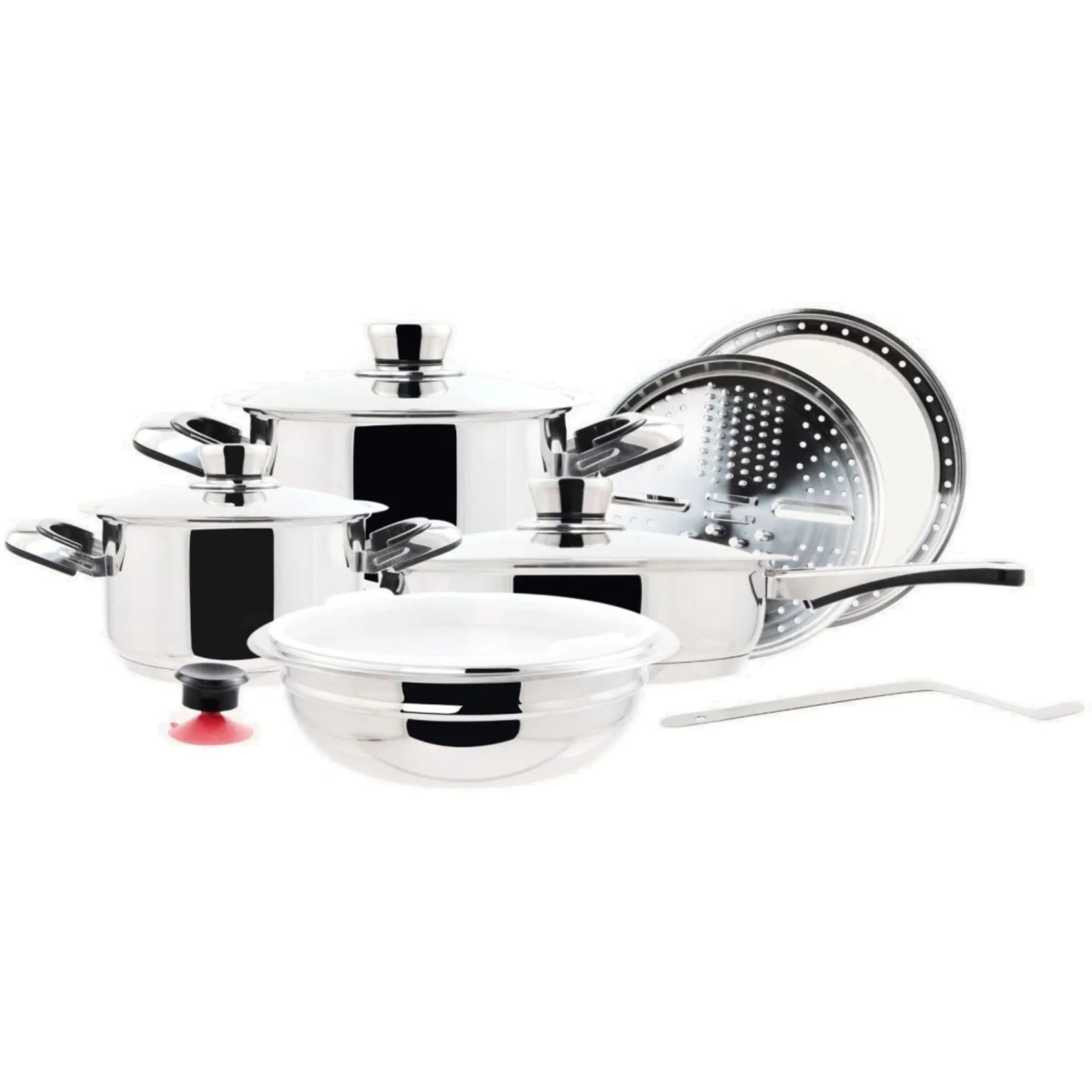 Stainless steel cookware set with lids, pots, and frying pan plus induction base disc