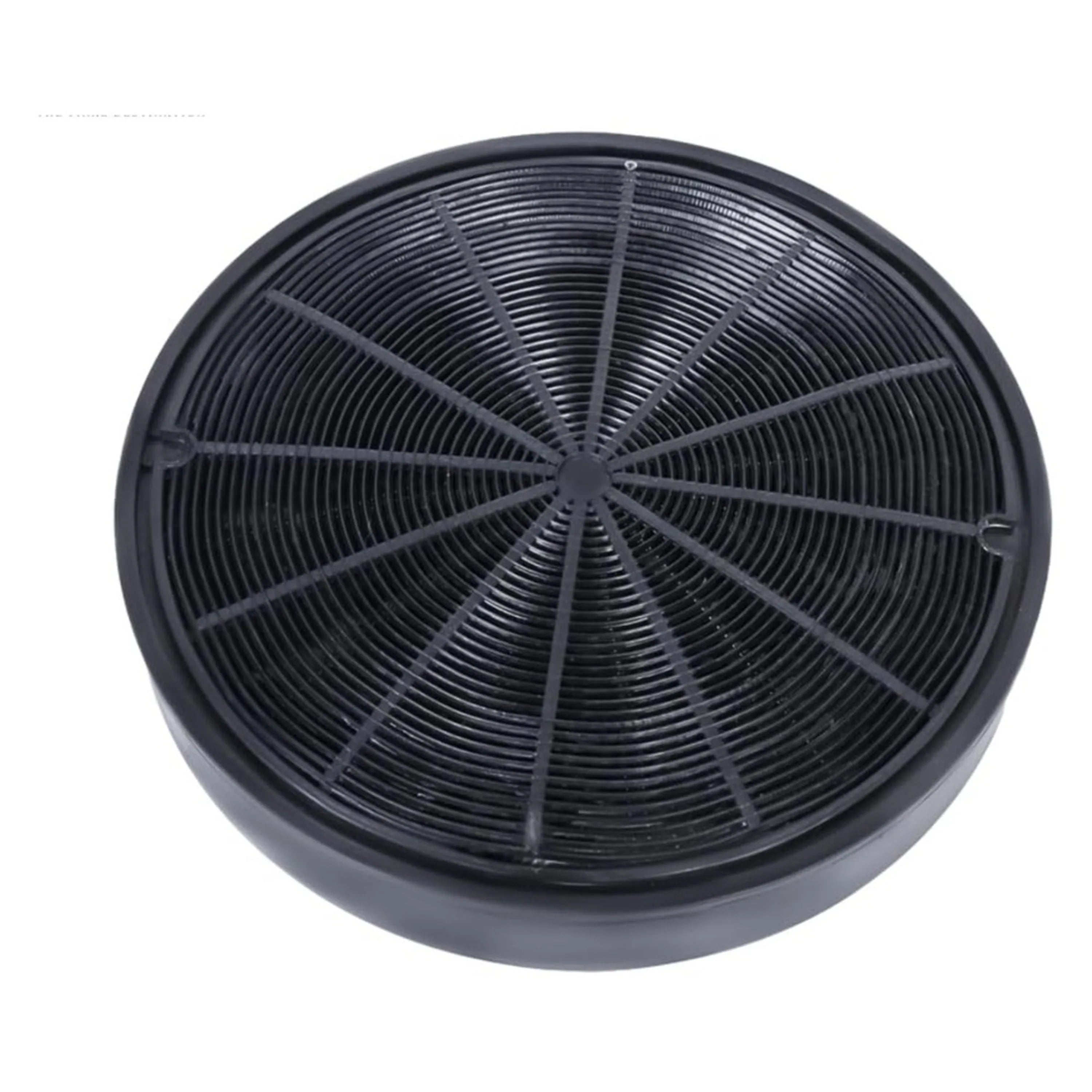 Round charcoal air filter with radial wire grille and side mounting tabs