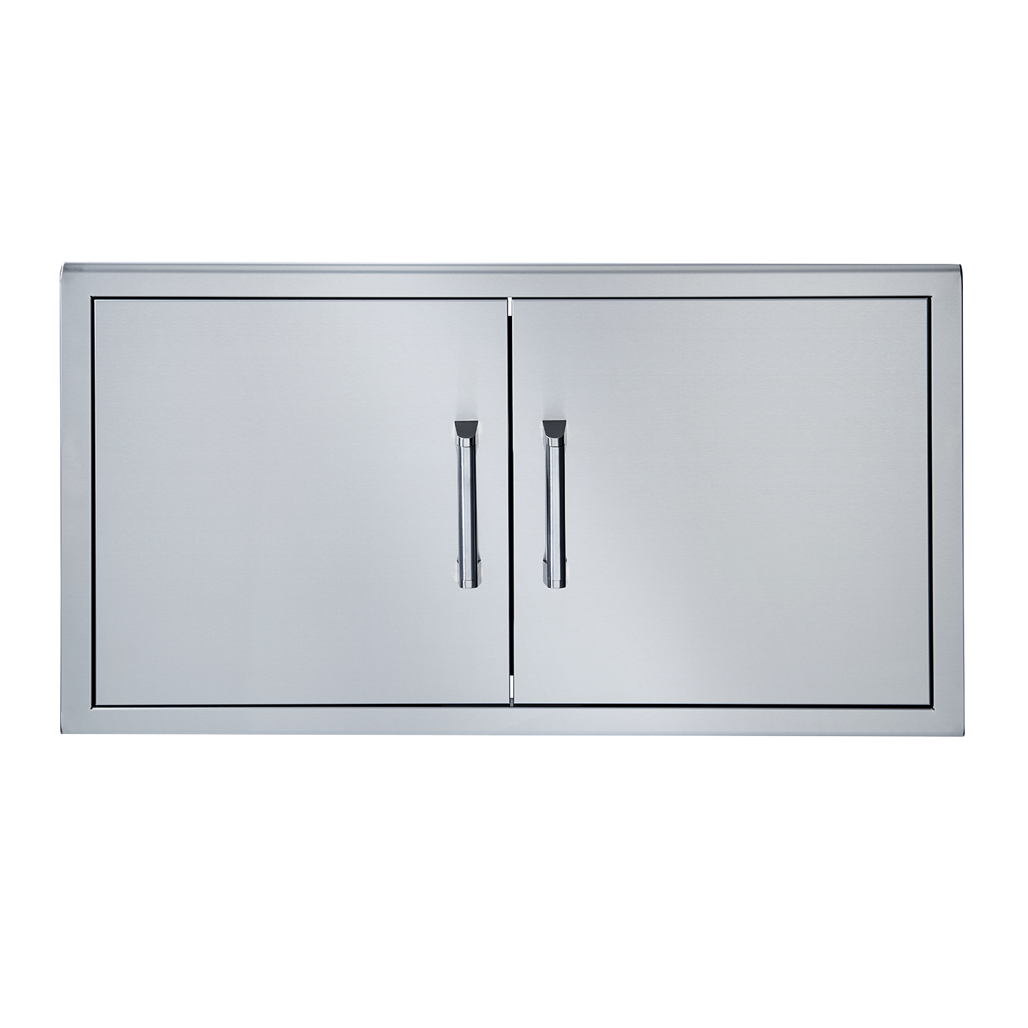 Stainless steel double doors with vertical handles and rectangular frame