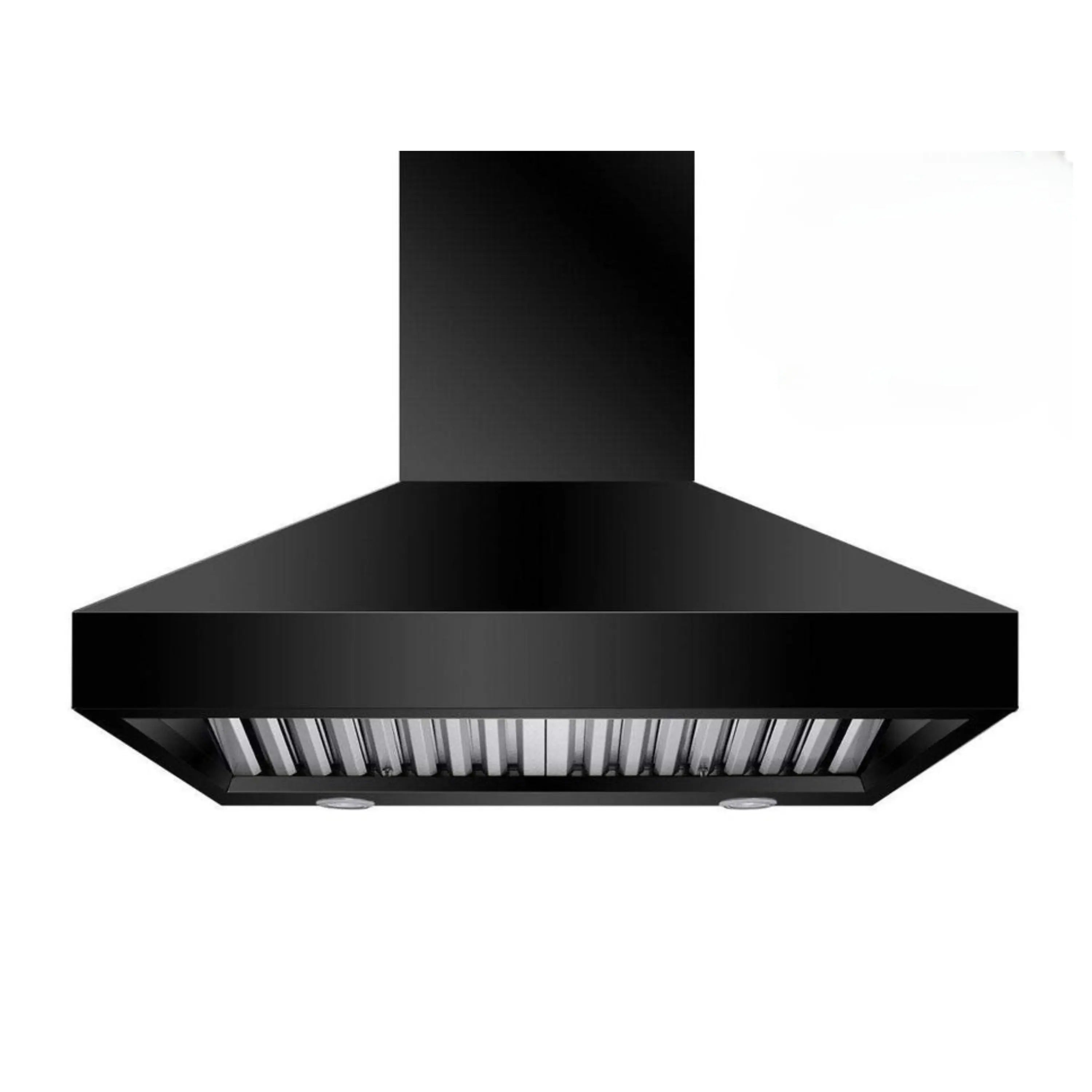 Black wall-mount range hood with wide canopy and front vent slots