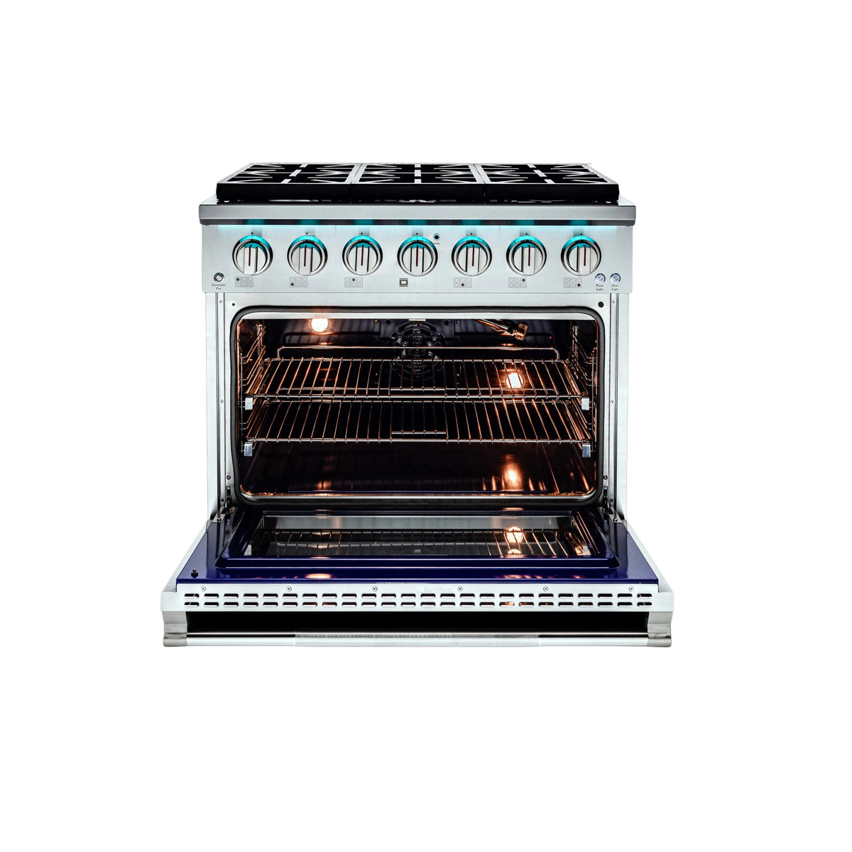 Stainless steel dual fuel range with open oven door showing racks and bake chamber
