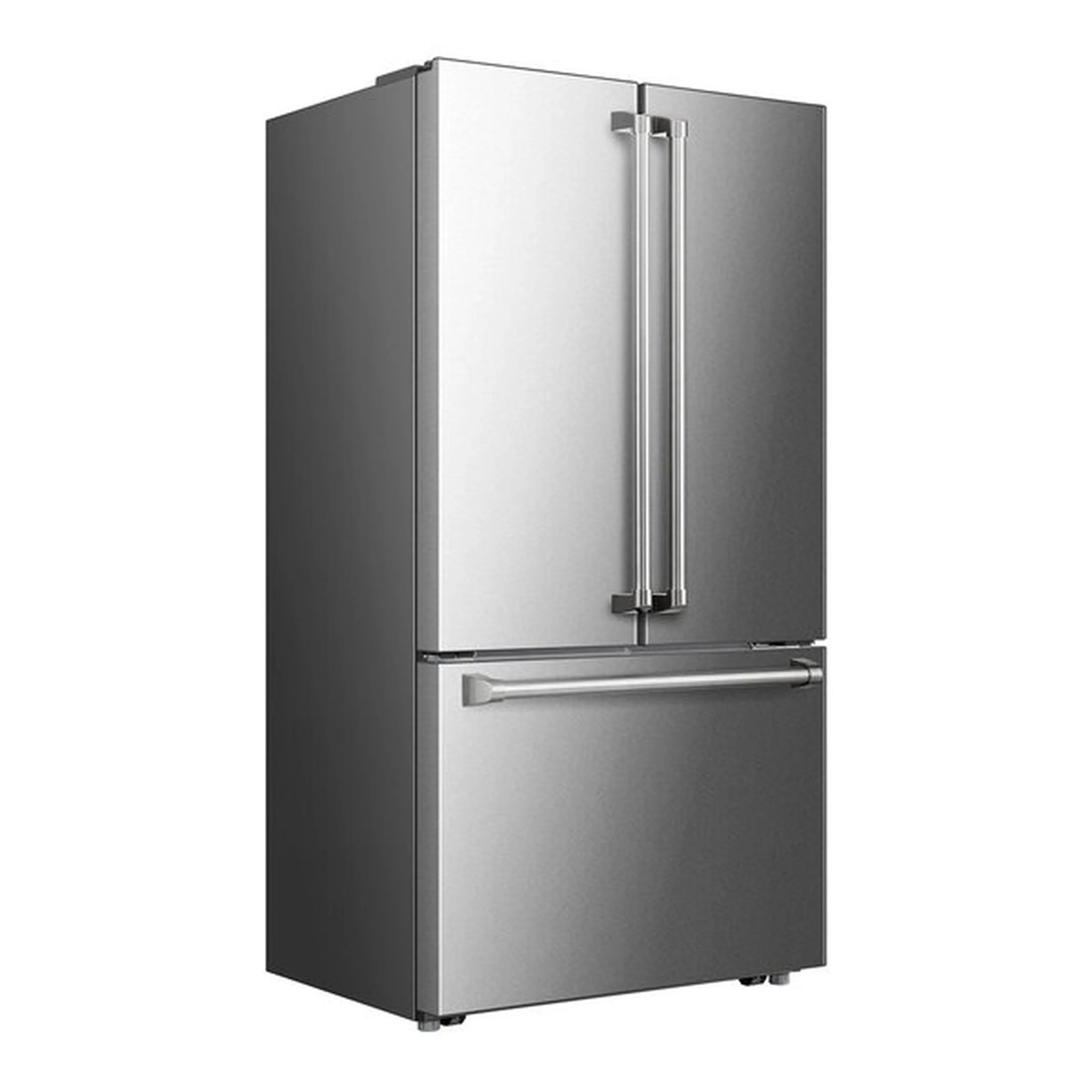Stainless French door counter-depth refrigerator with integrated water dispenser column