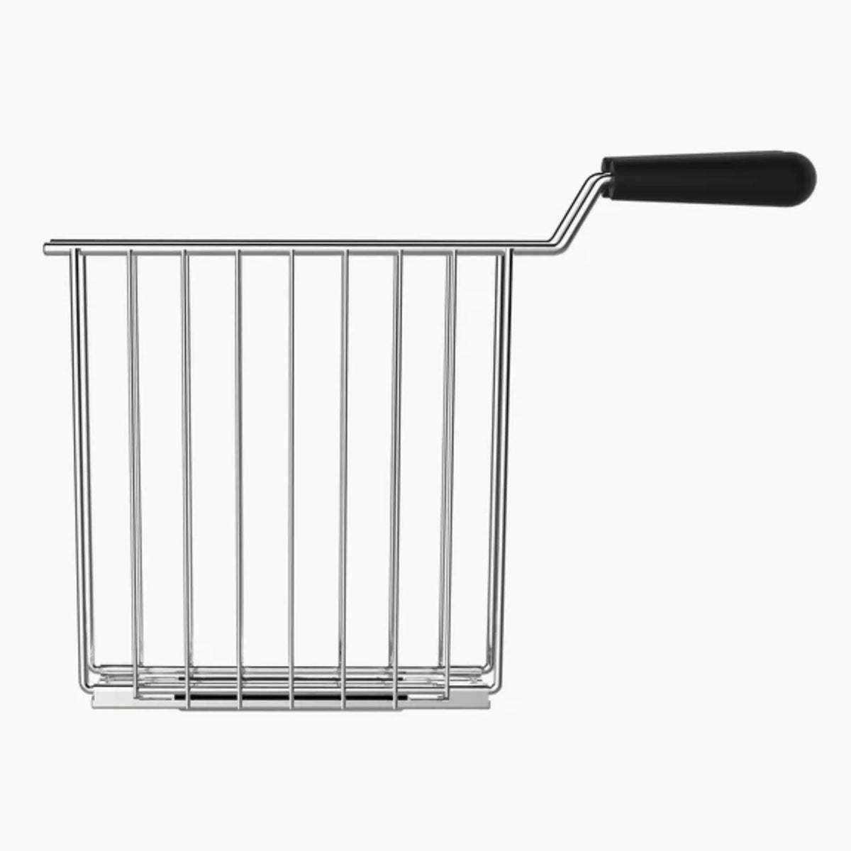 Chrome wire sandwich cage with black handle, open rectangular basket