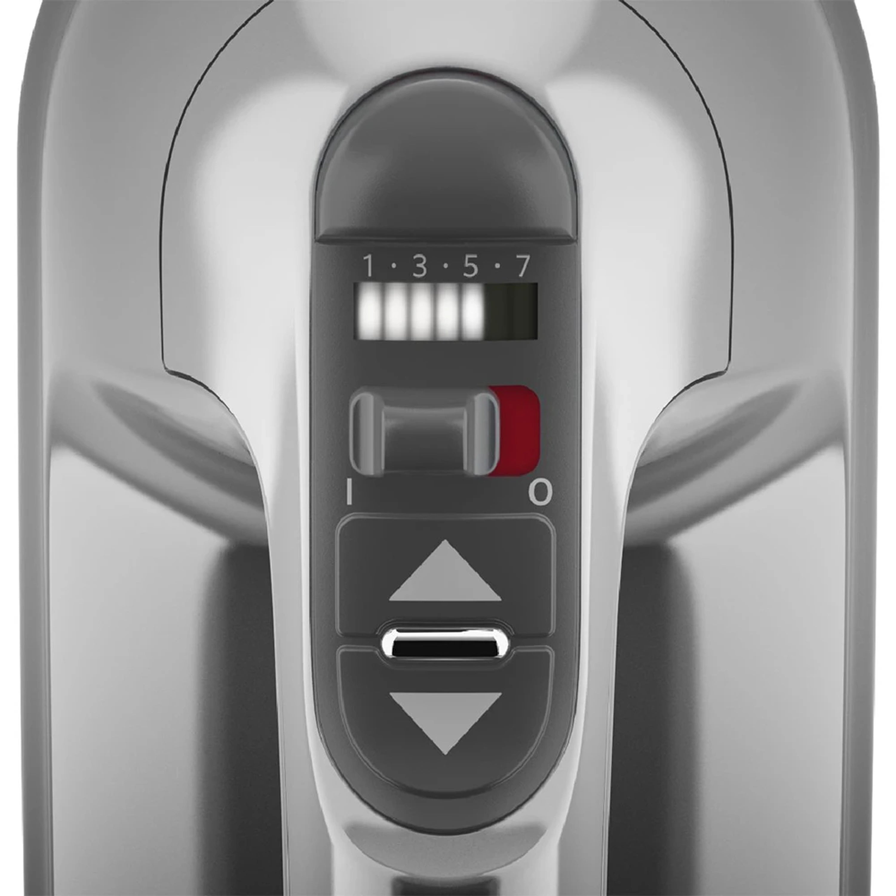 Hand mixer speed indicator and power controls with red and black switch