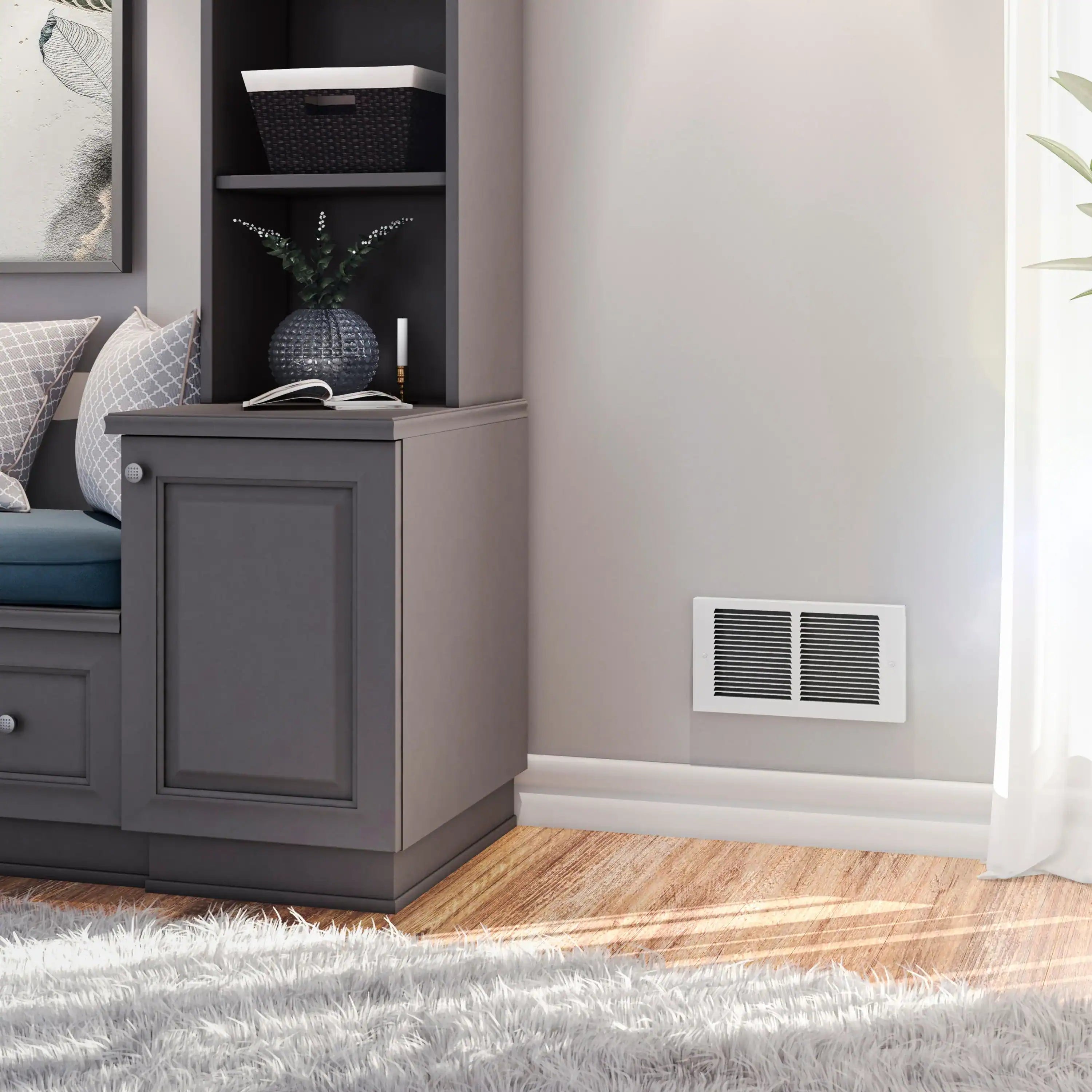 Wall-mounted air intake grille with white frame and twin black slat vents