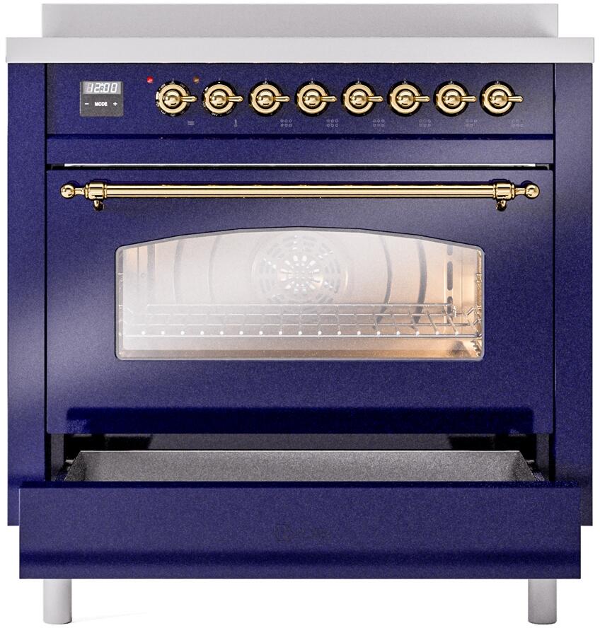 Midnight blue electric induction range with brass handle and open lower storage drawer