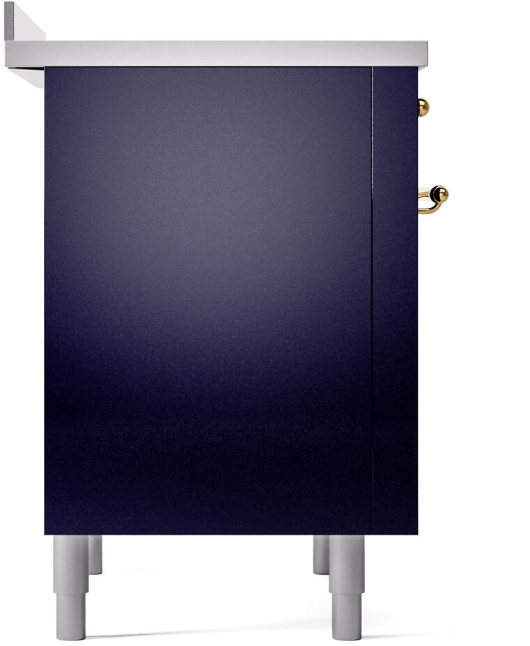 Midnight blue freestanding electric induction range side panel with brass hardware and feet