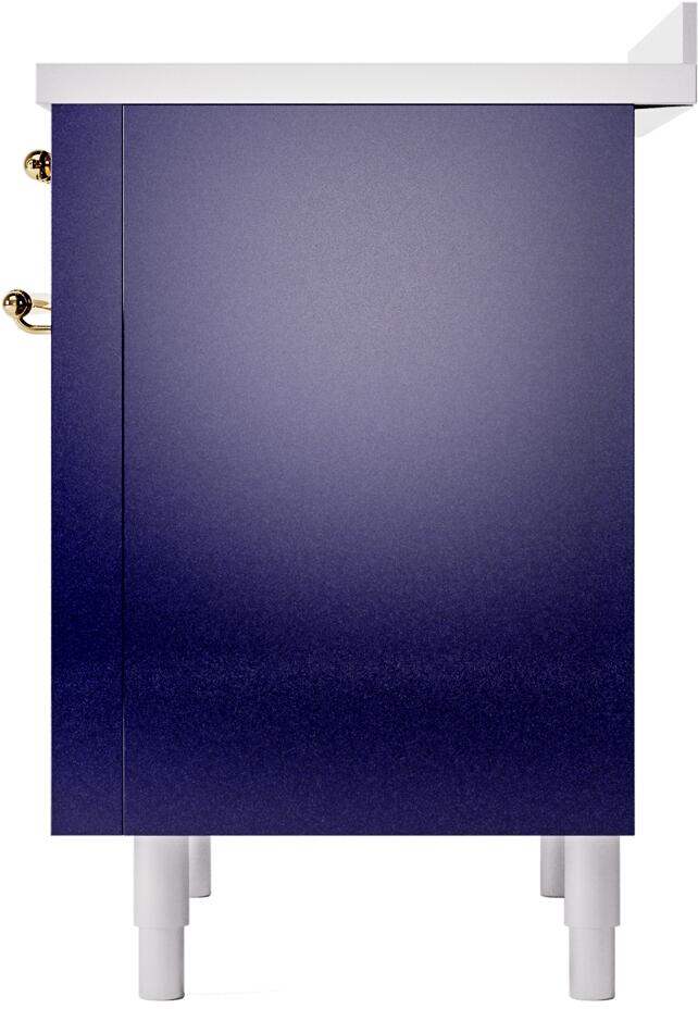 Midnight blue freestanding electric induction range side with brass pull and leveling feet