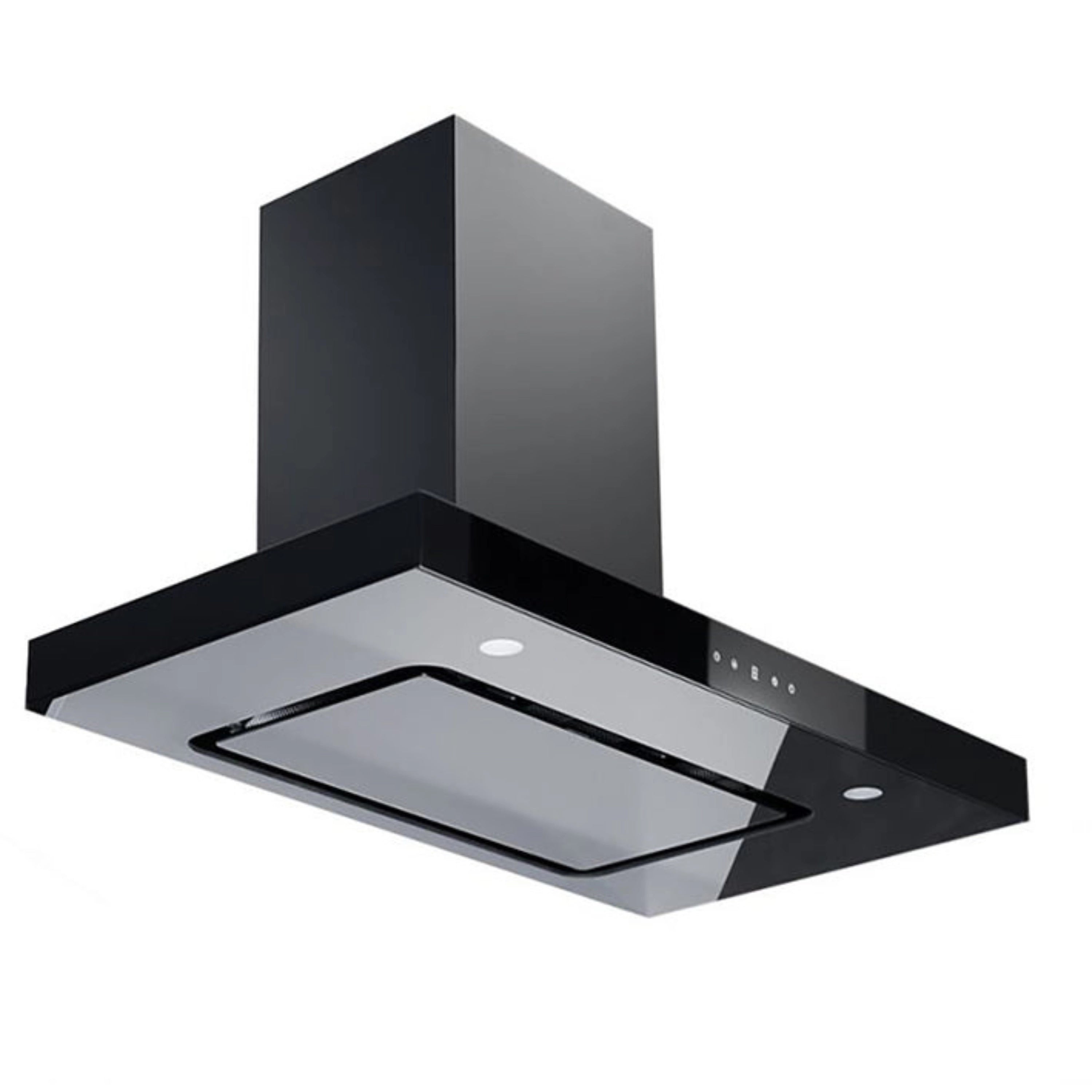 Matte black wall-mount range hood with chimney, baffle filter tray, and vents