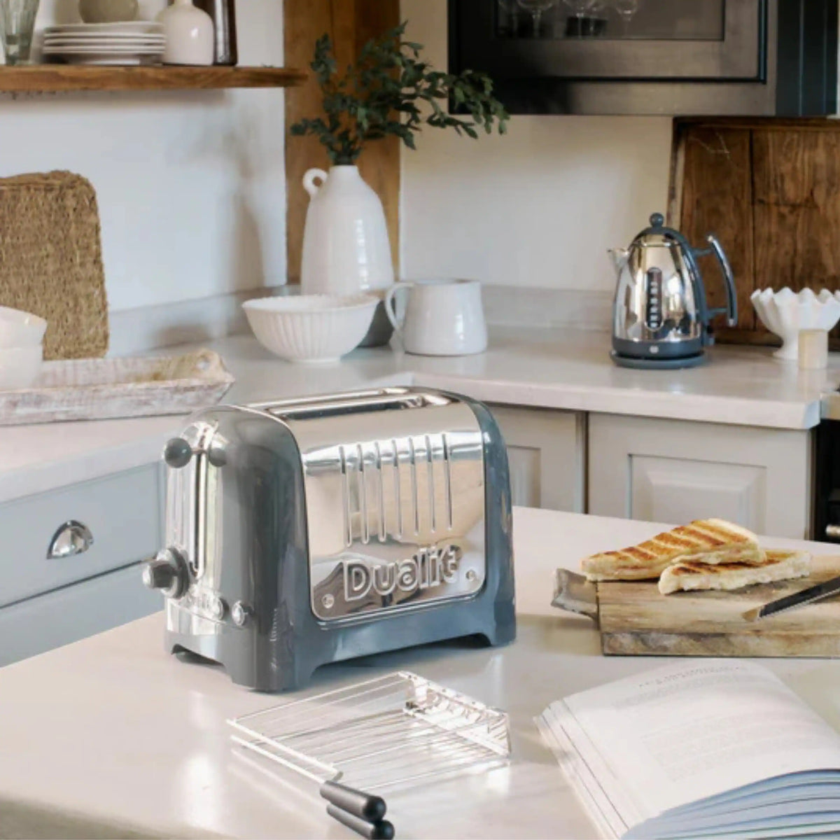 Dualit Light sandwich toaster, chrome body with ribbed sides and Dualit logo
