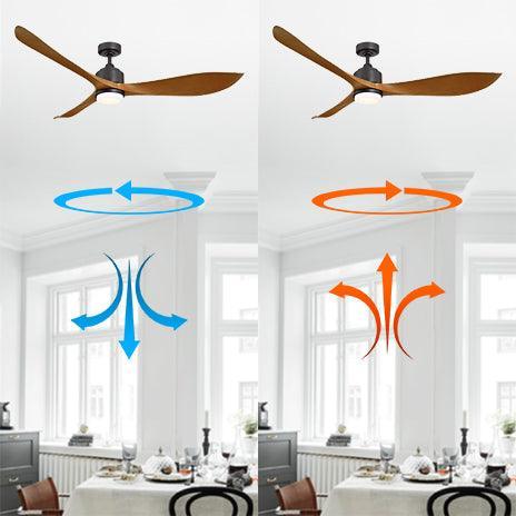 Reversible ceiling fan with oil-rubbed bronze blades and LED light, airflow directions indicated.