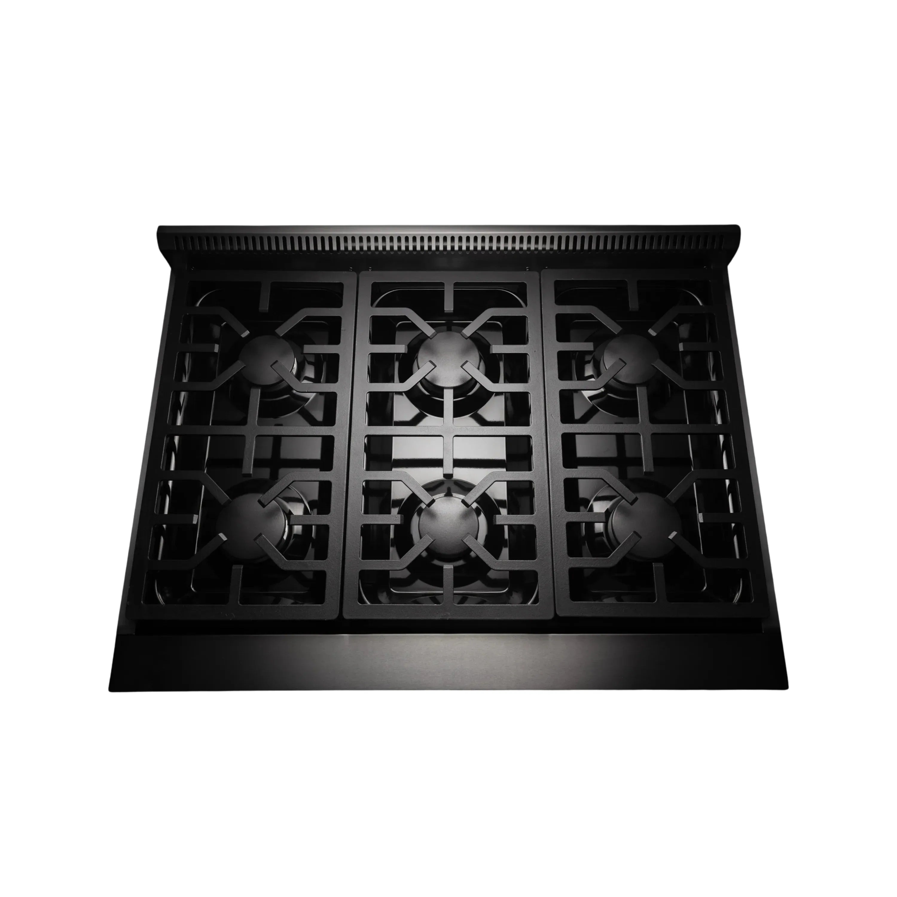 Gas cooktop with black burner grates and multiple burner heads