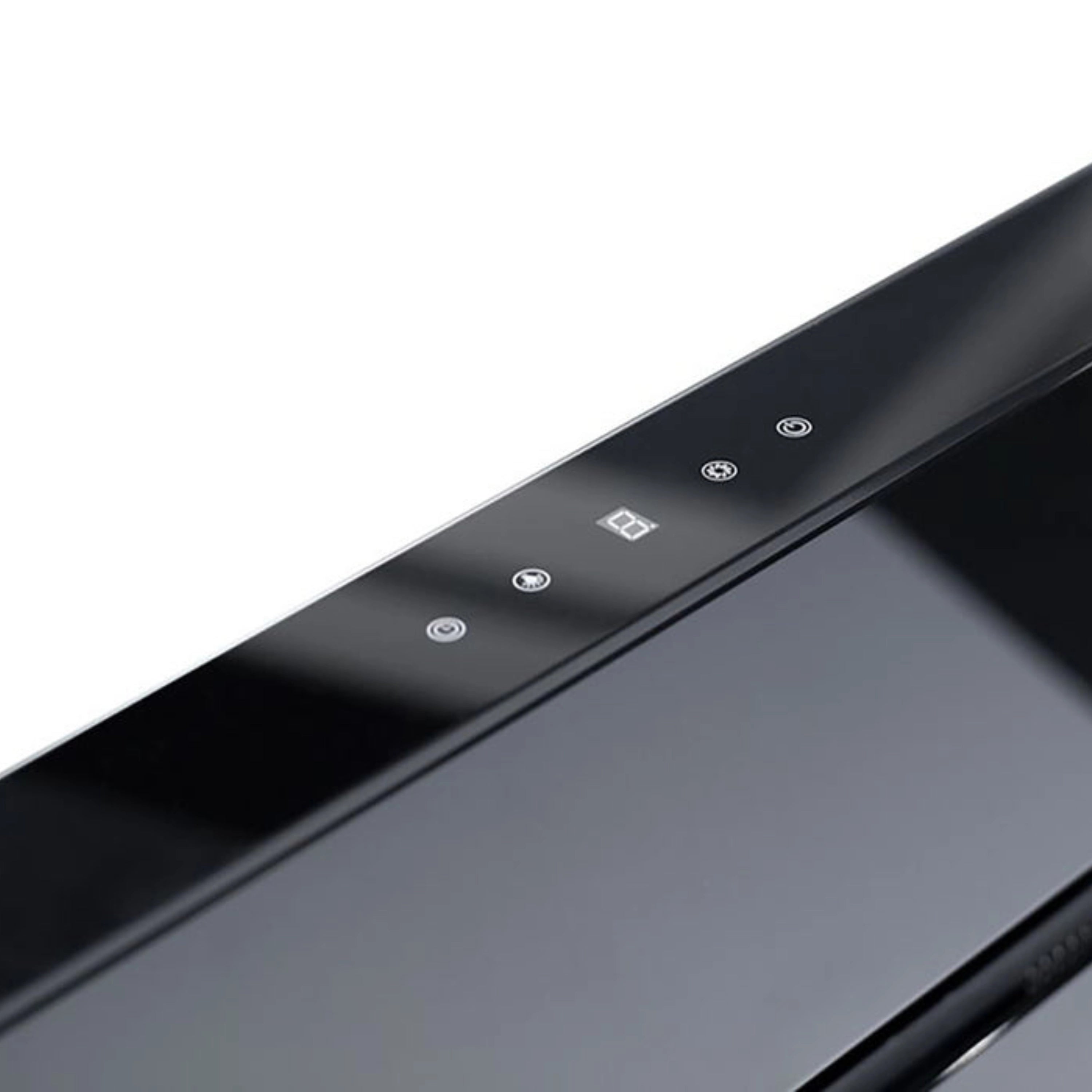 Matte black range hood control panel strip with circular buttons
