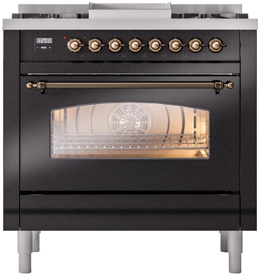 Glossy black freestanding range with bronze-trimmed control knobs and oven door window