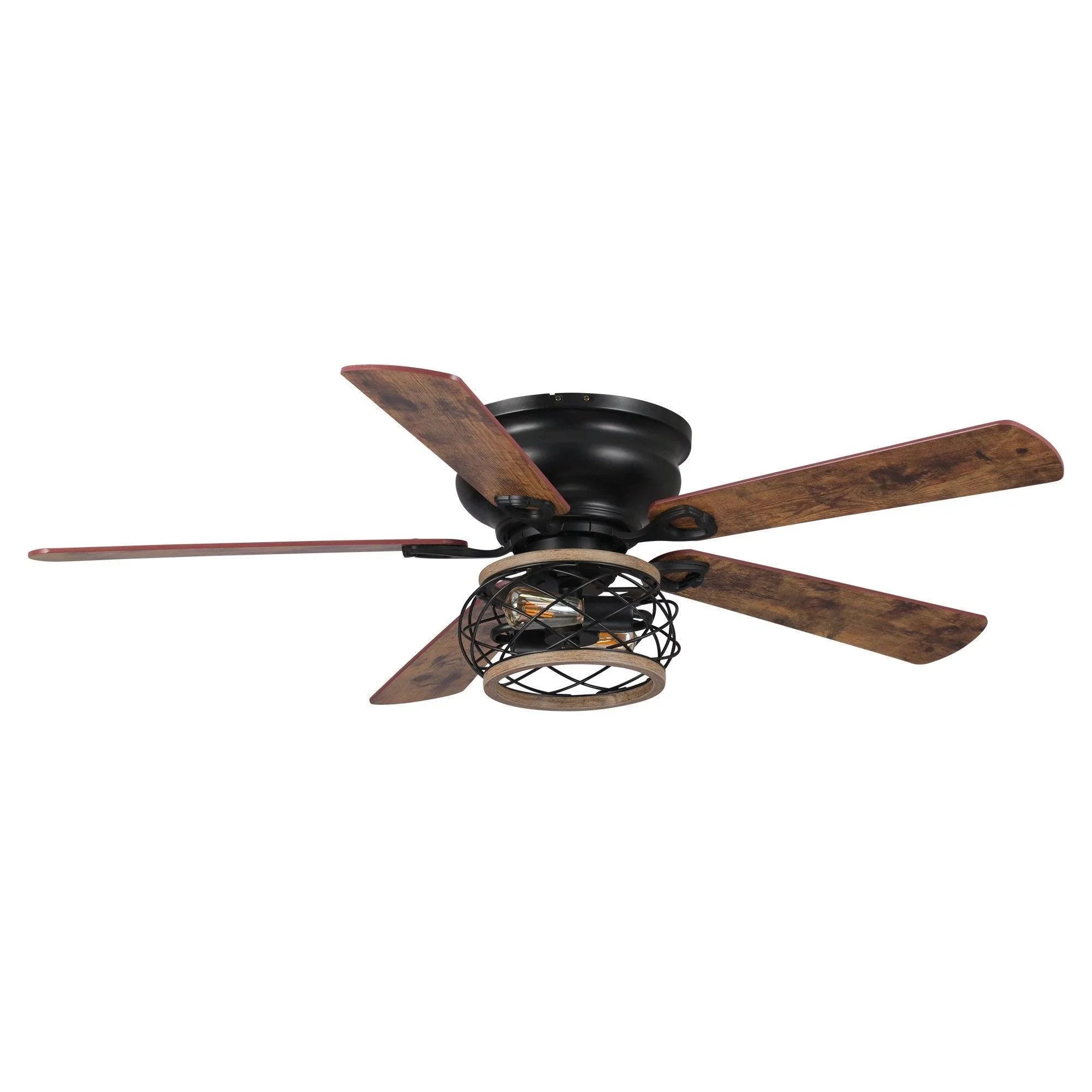 Black flush-mount ceiling fan with four dark wood blades and enclosed caged light kit