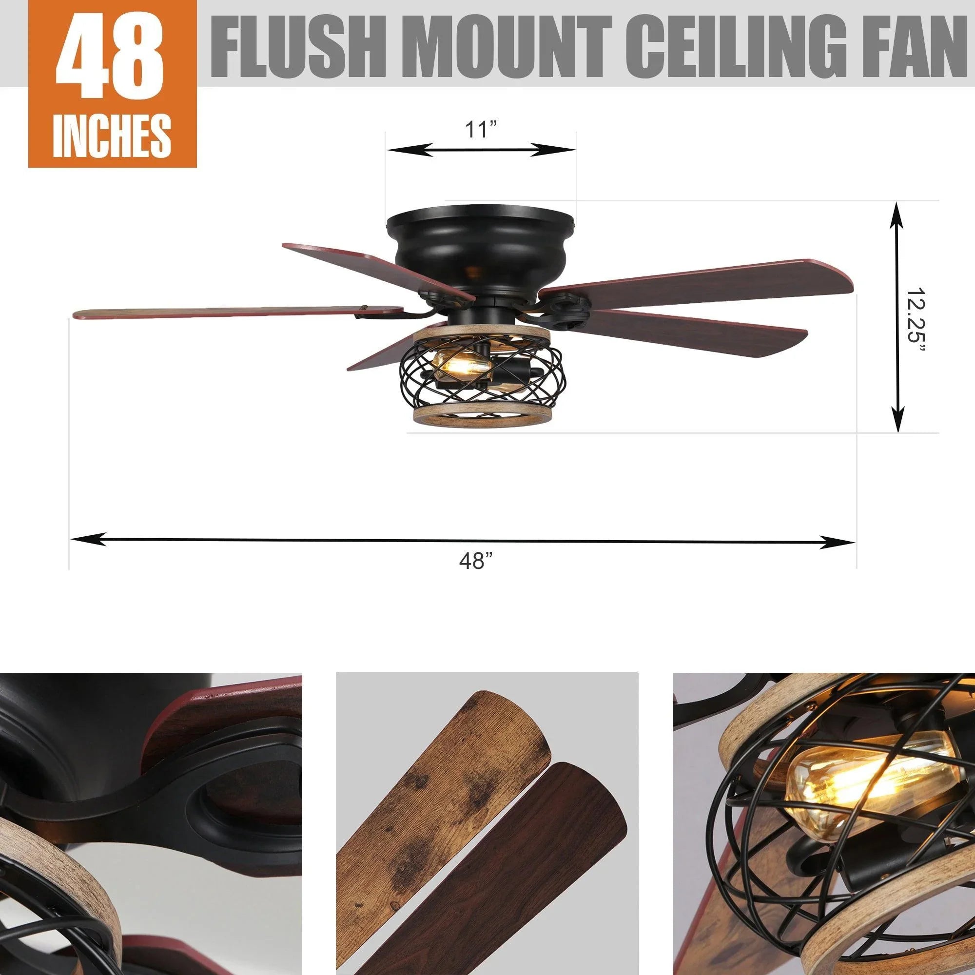 48-inch flush-mount ceiling fan with lantern light and wooden blades, front view