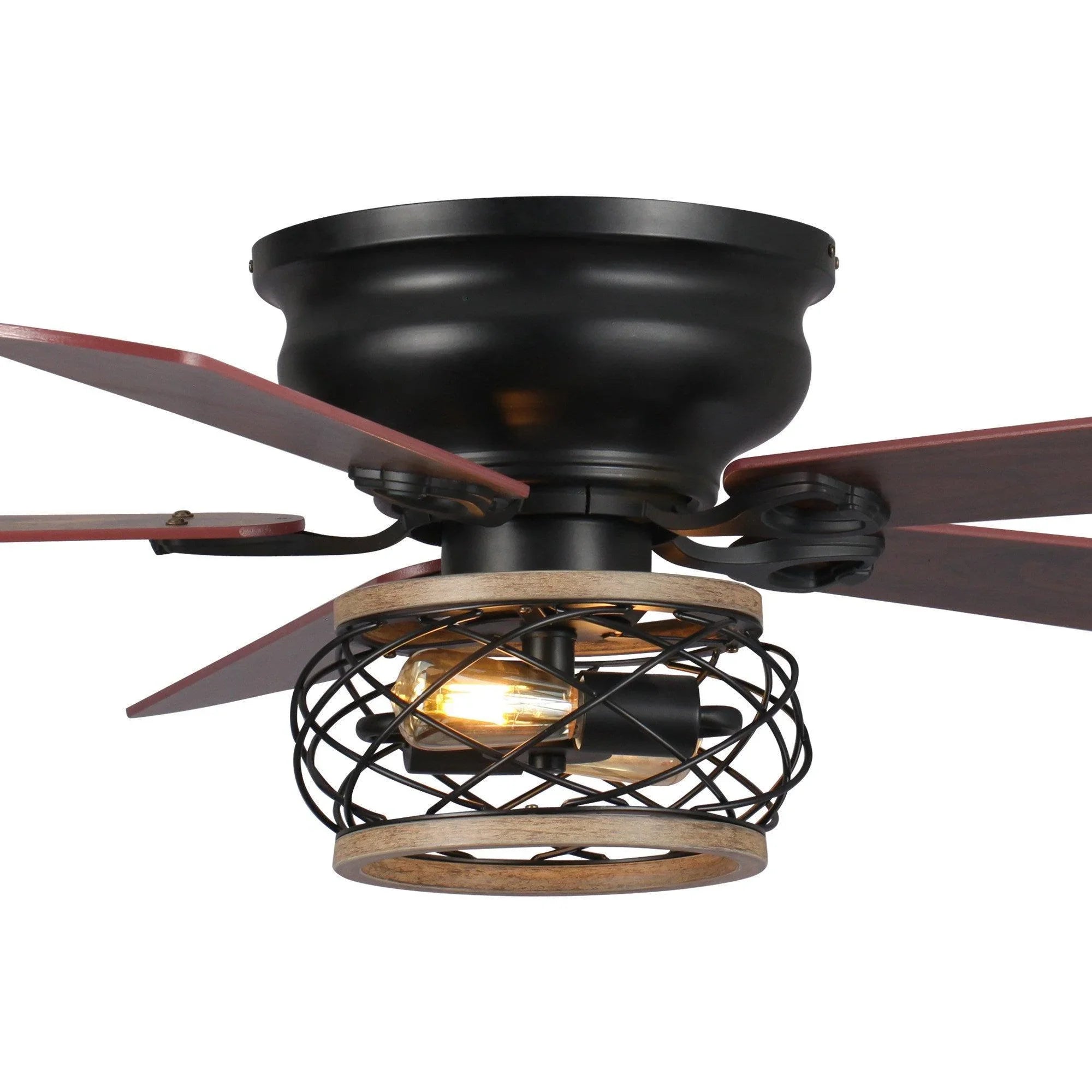 Close view of black ceiling fan hub with dark wood blades and caged bulb light
