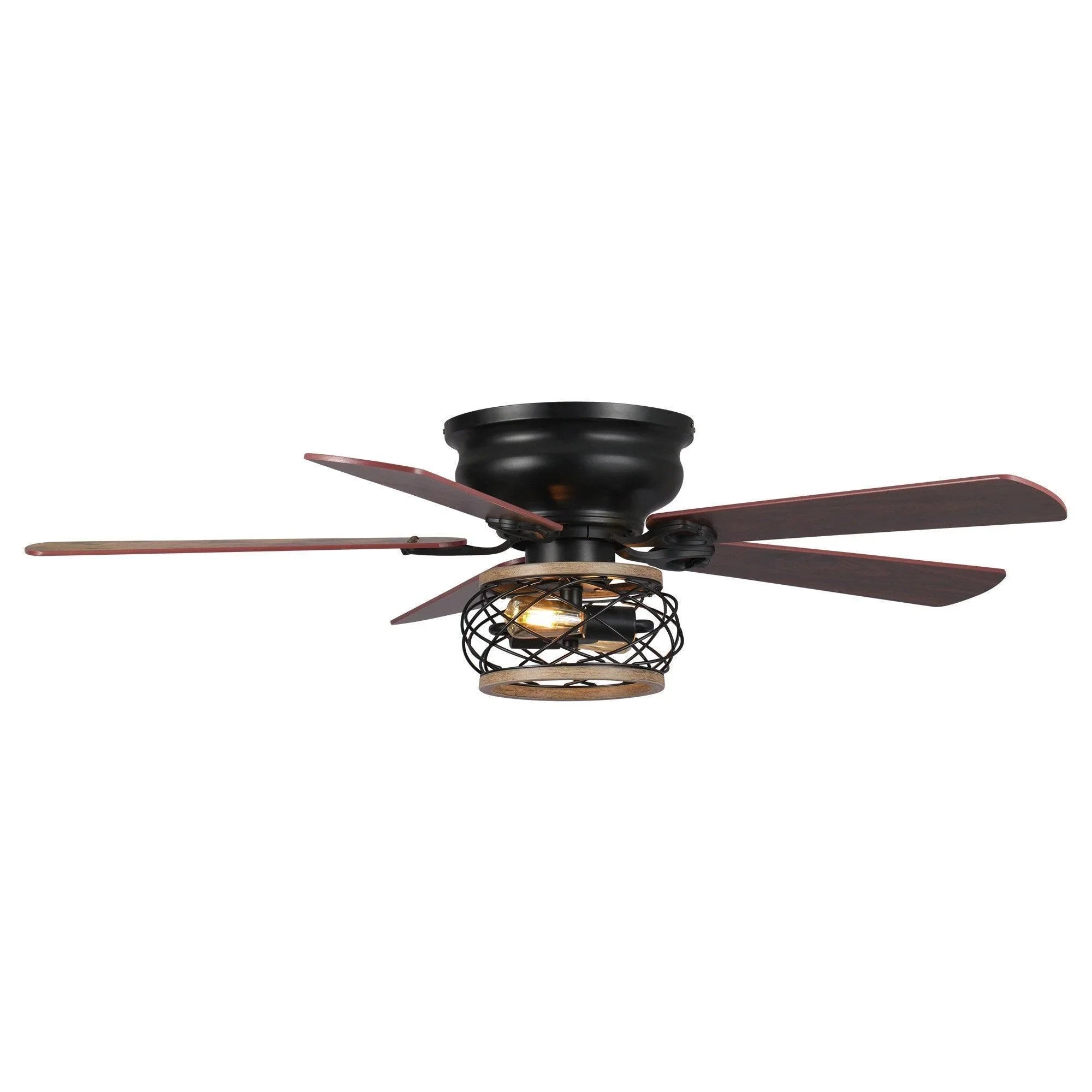 Black flush-mount ceiling fan with wood blades and caged light kit, centered on ceiling