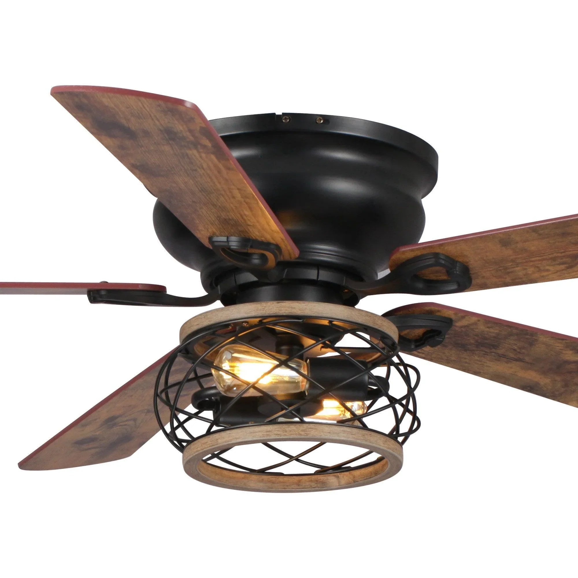Angled view of black flush-mount ceiling fan with dark wood blades and caged light