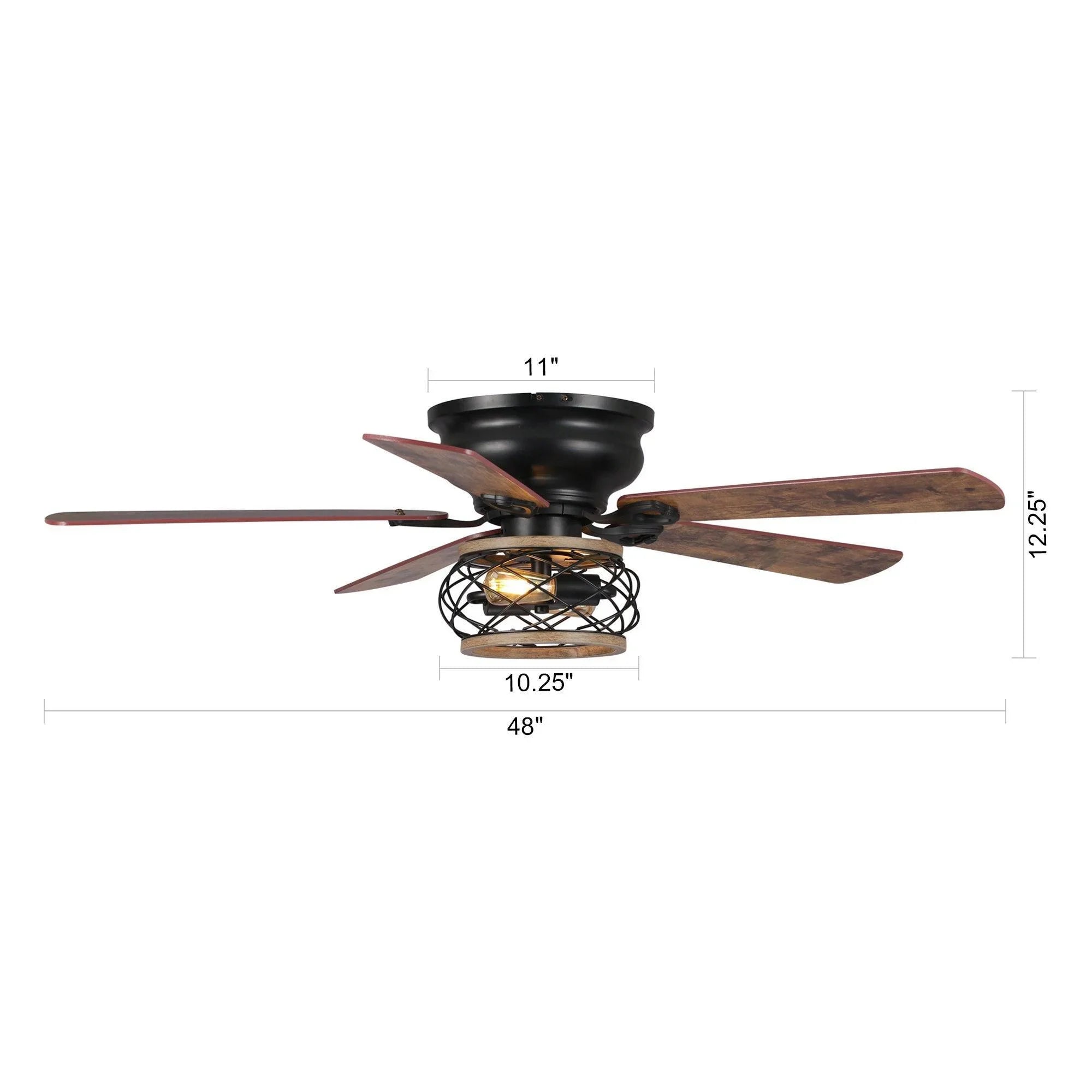 Black flush-mount ceiling fan with four reversible wood blades and integrated light