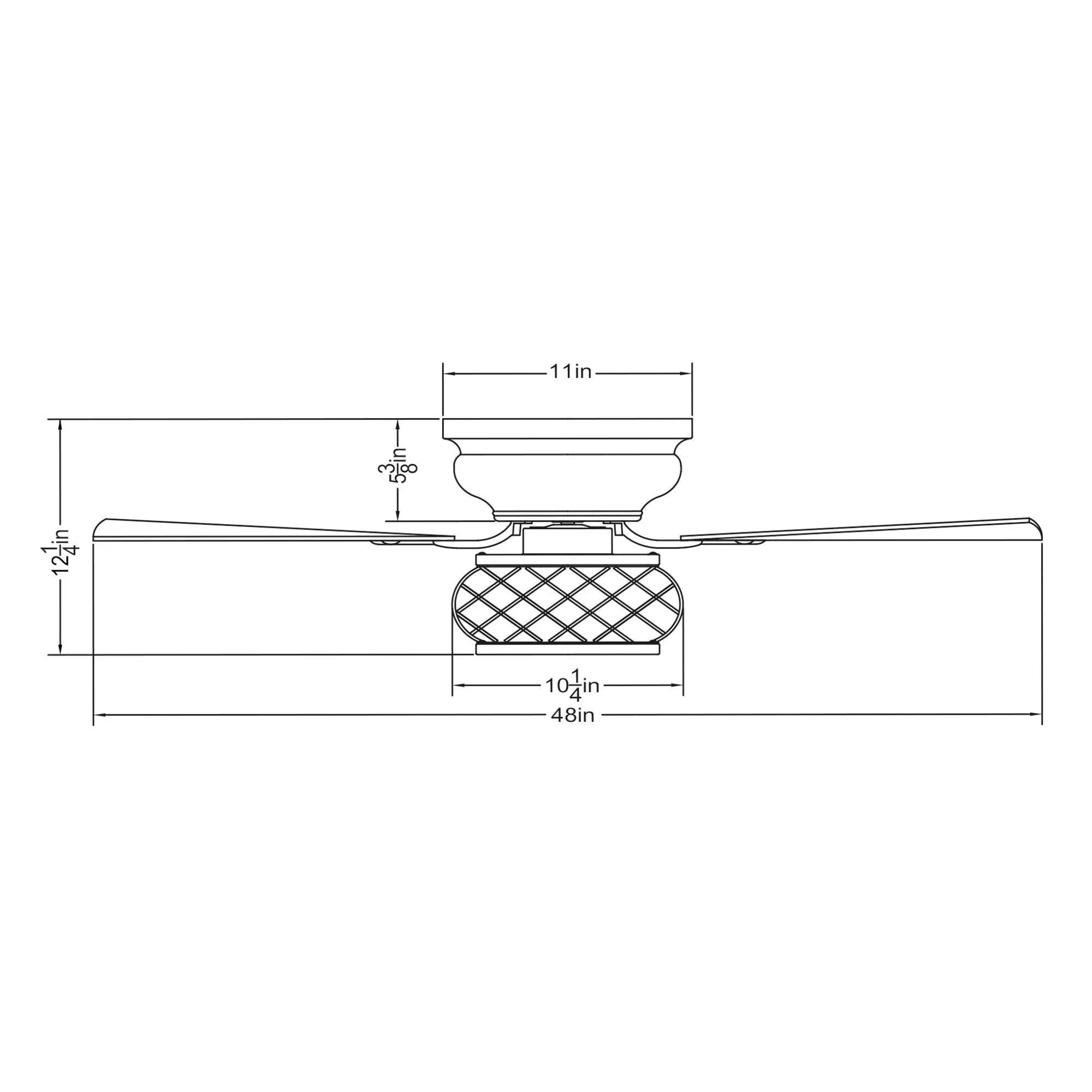 Flush-mount ceiling fan size diagram showing 48 in blade span and 11 in width