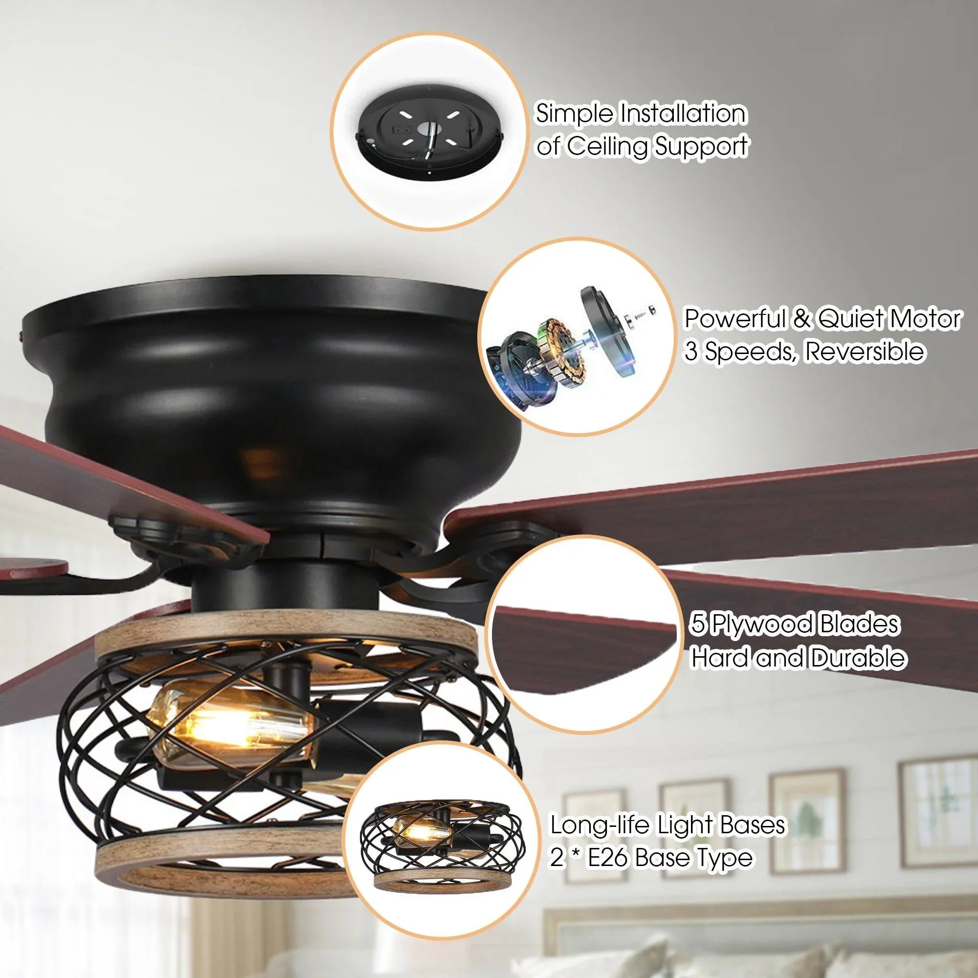 Flush-mount ceiling fan with five wooden blades and central lantern-style light