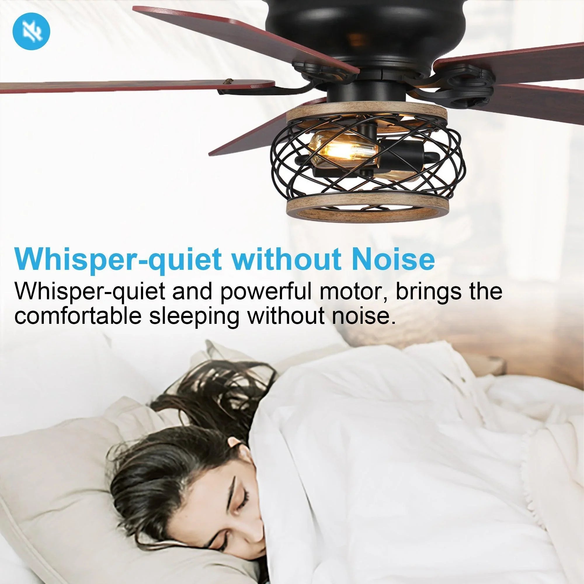 Ceiling fan with lantern-style light and wooden blades on a black flush-mount fixture