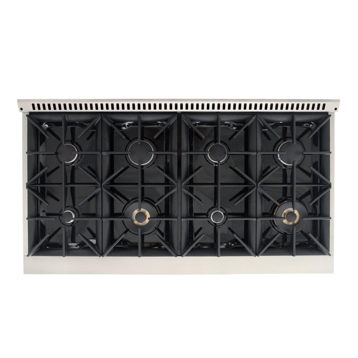 Dual fuel range cooktop with black burner grates and visible burner heads
