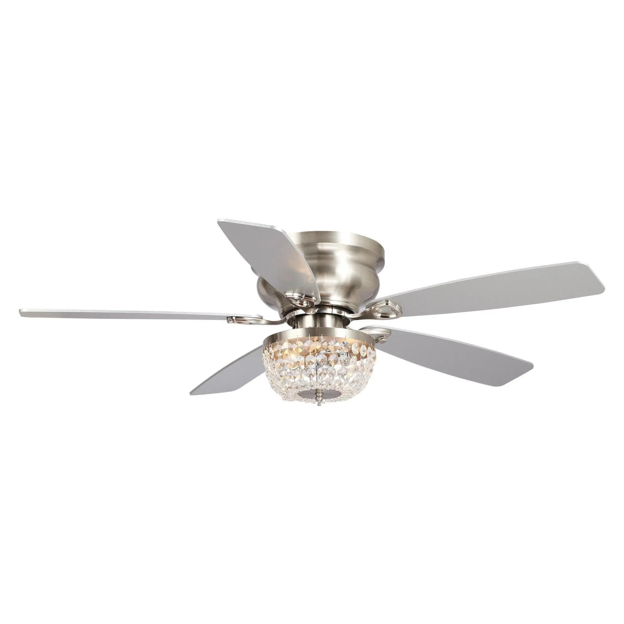Brushed nickel flush-mount ceiling fan with crystal light and 5 light-catching blades