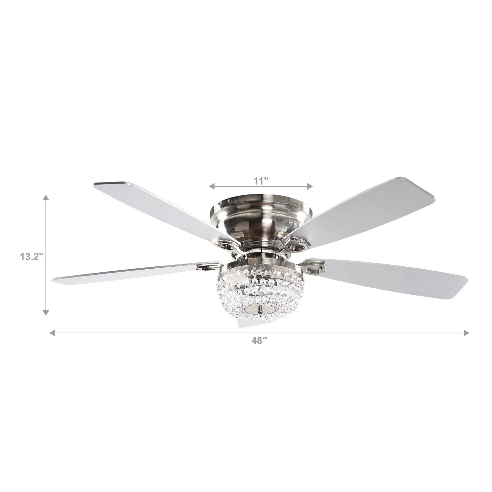 Flush mount ceiling fan with crystal light and white blades, 48-inch diagram view