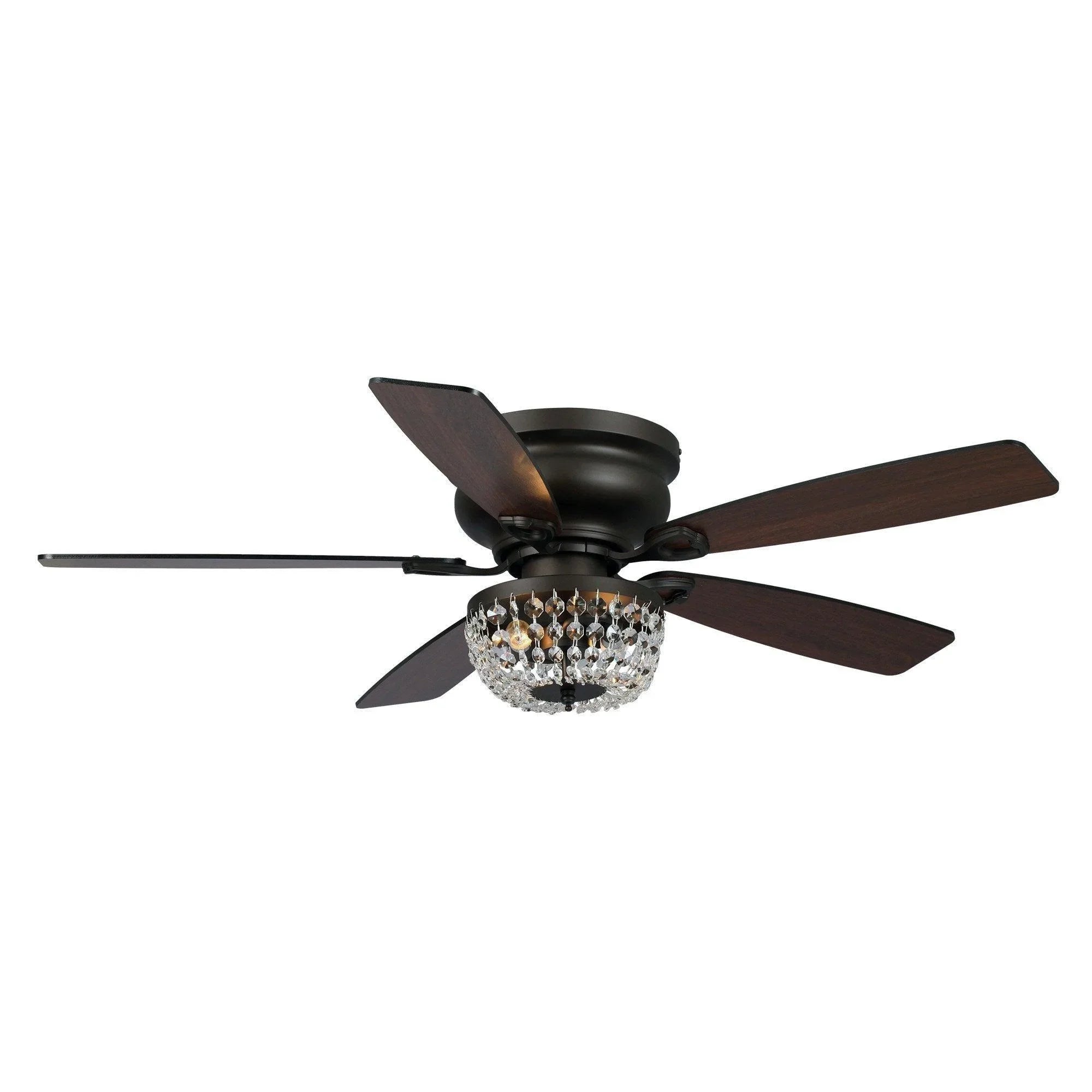 Flush mount ceiling fan with crystal light and dark wood-style blades, flush style