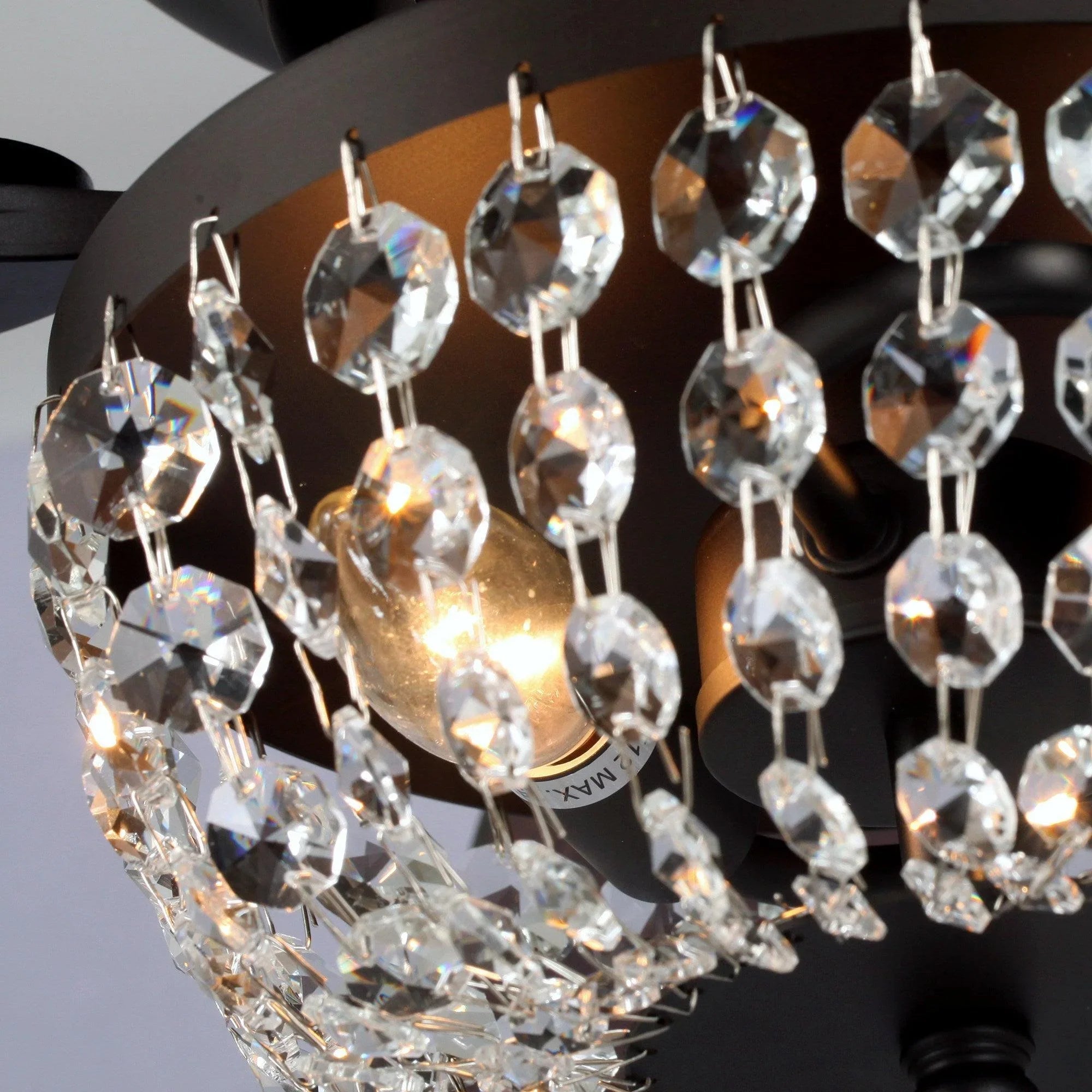 Crystal chandelier light with dangling crystal drops on flush mount ceiling fan
