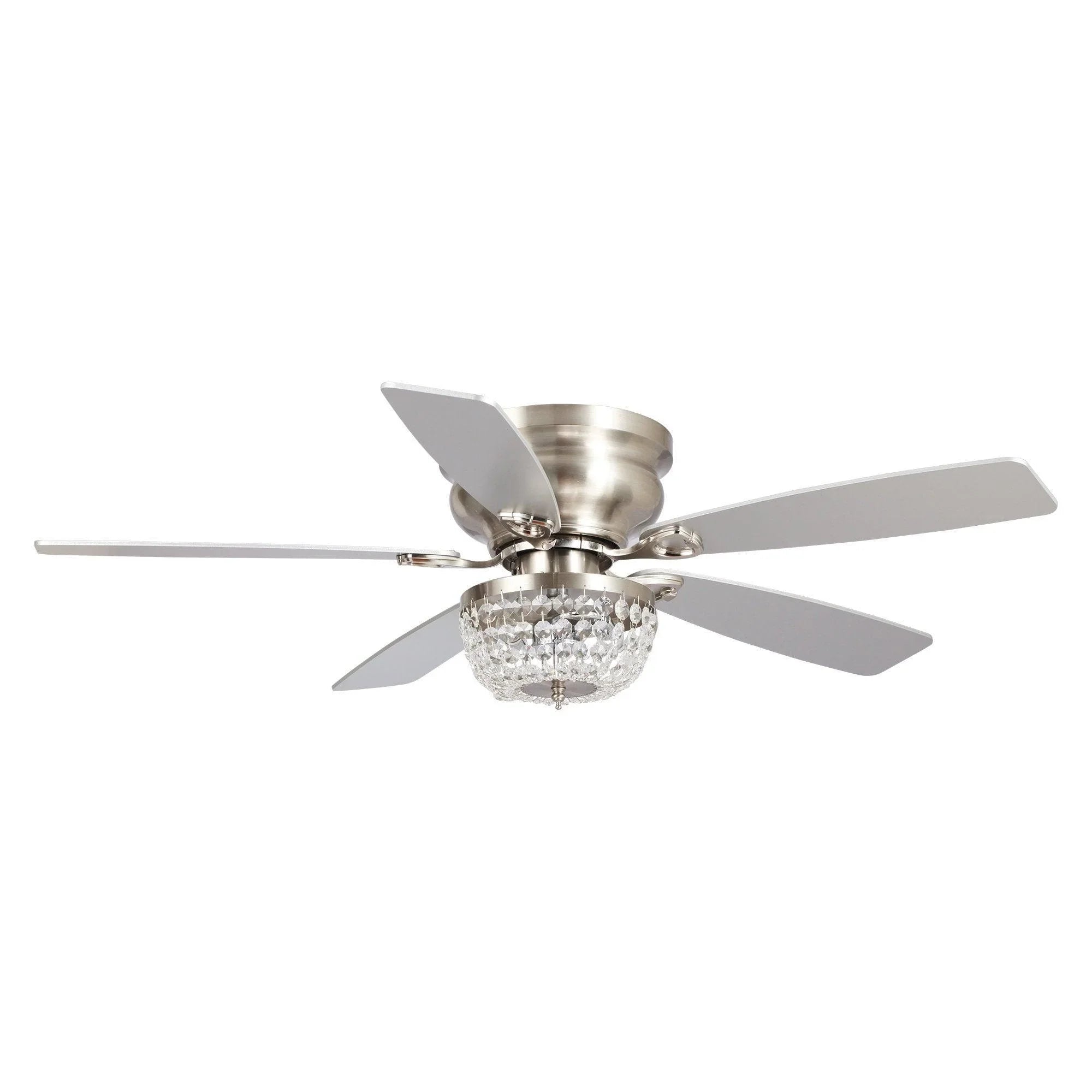 Brushed nickel flush-mount ceiling fan with crystal light and 5 blades, front view