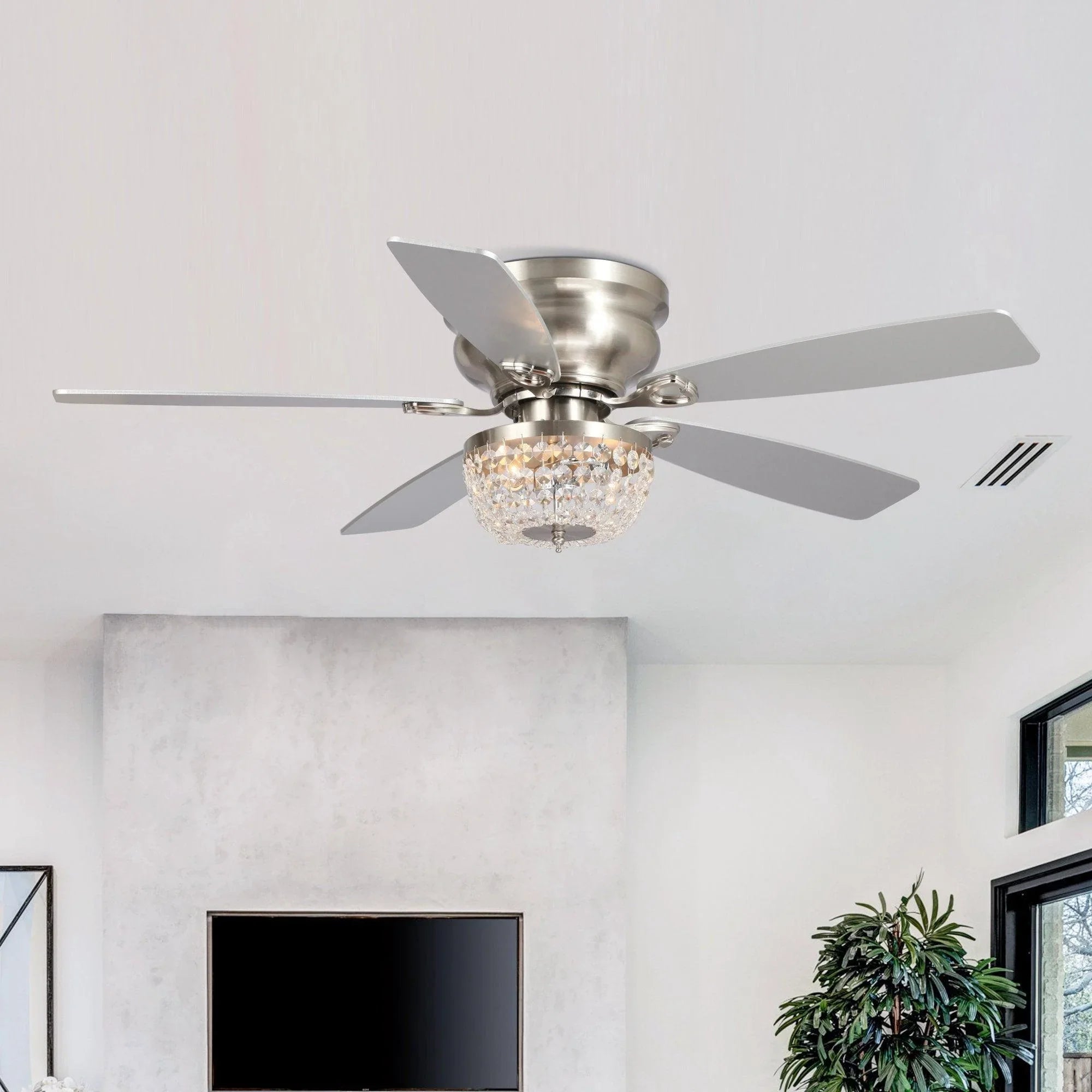 Brushed nickel flush-mount ceiling fan with clear crystal light and 5 blades