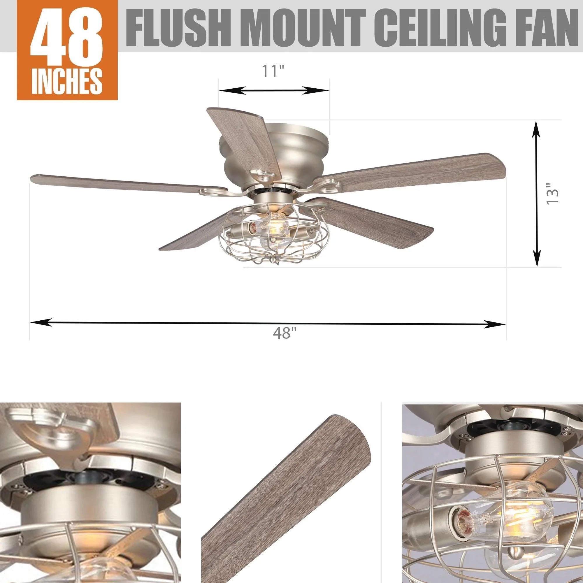 Satin nickel 48-inch flush mount ceiling fan with woodgrain reversible blades and light kit