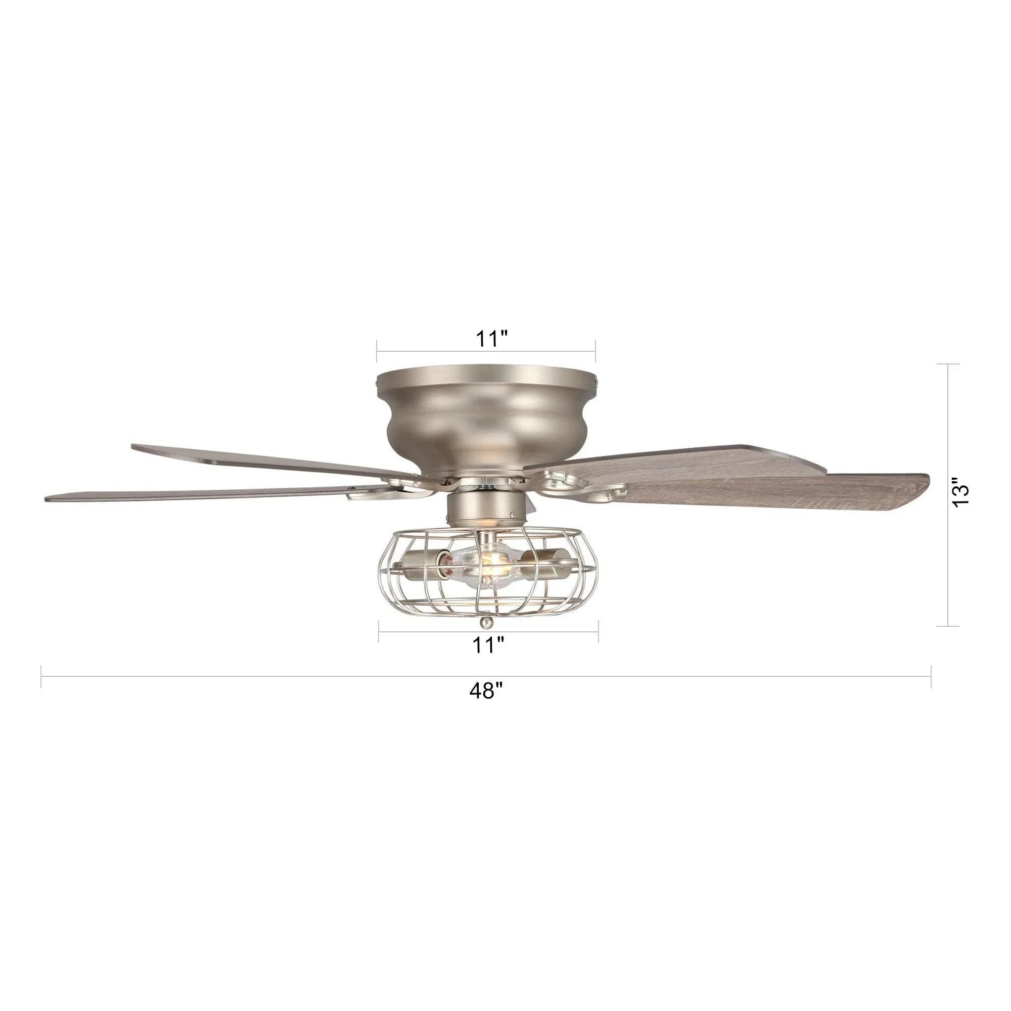 Satin nickel 48-inch flush mount ceiling fan with 5 woodgrain reversible blades and light fixture