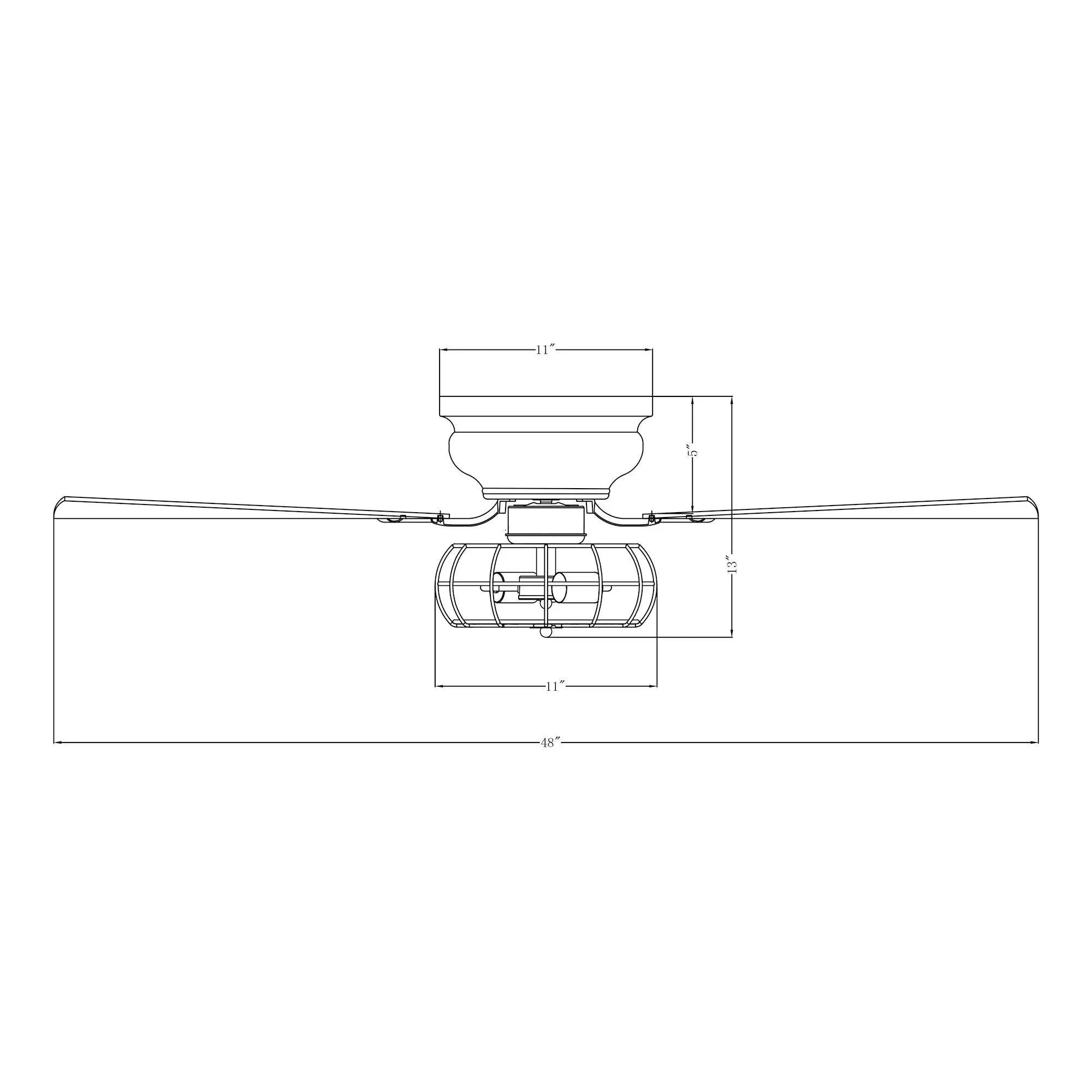 Ceiling fan line drawing with integrated light fixture and flush-mount housing