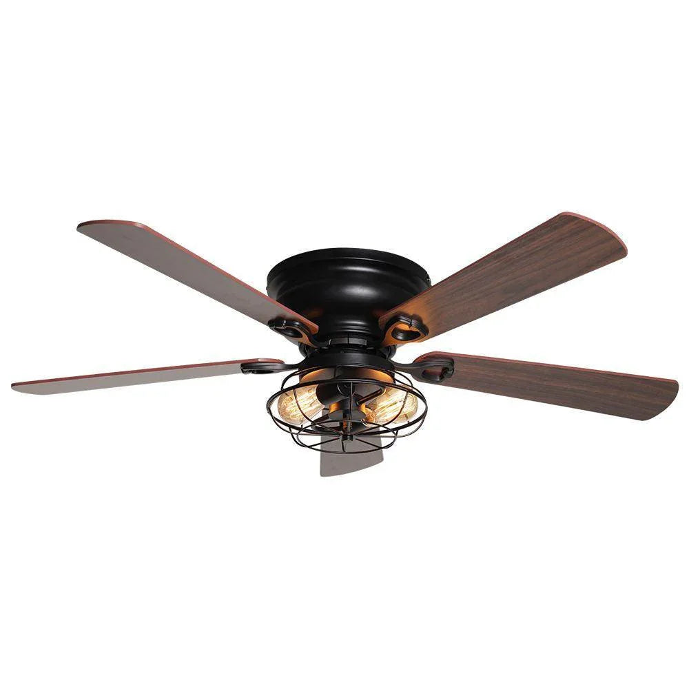 Black flush-mount ceiling fan with dark wood blades and a central glass light shade