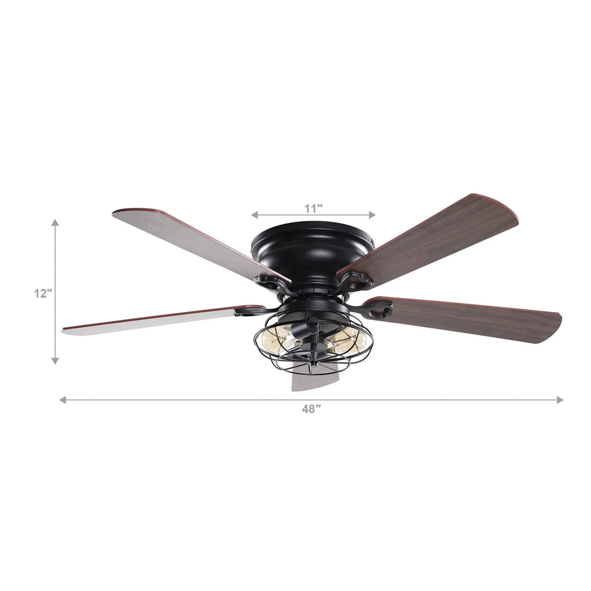Flush-mount ceiling fan with black housing and dark wood blades, including caged light