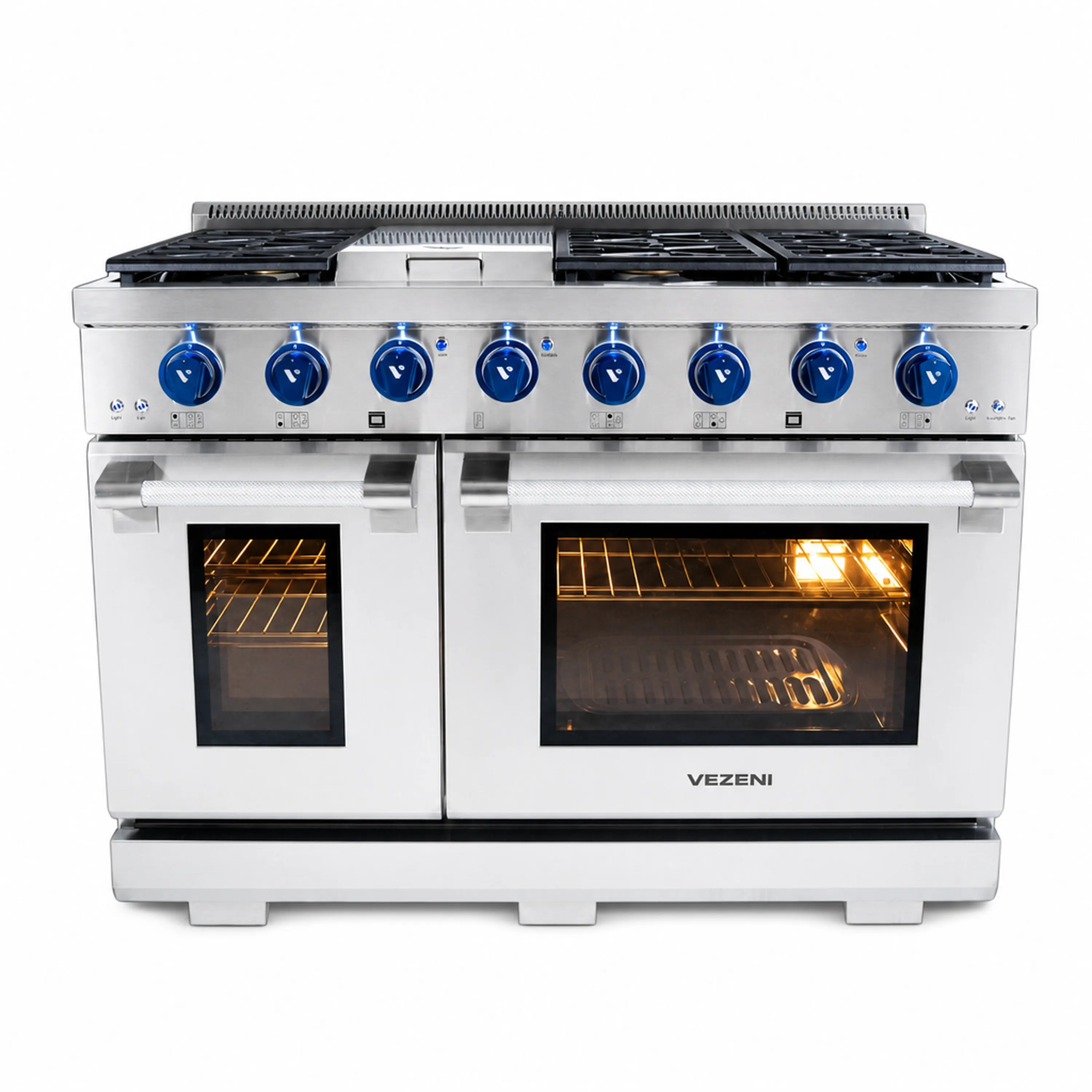Stainless steel range with blue knobs and dual oven doors with windows
