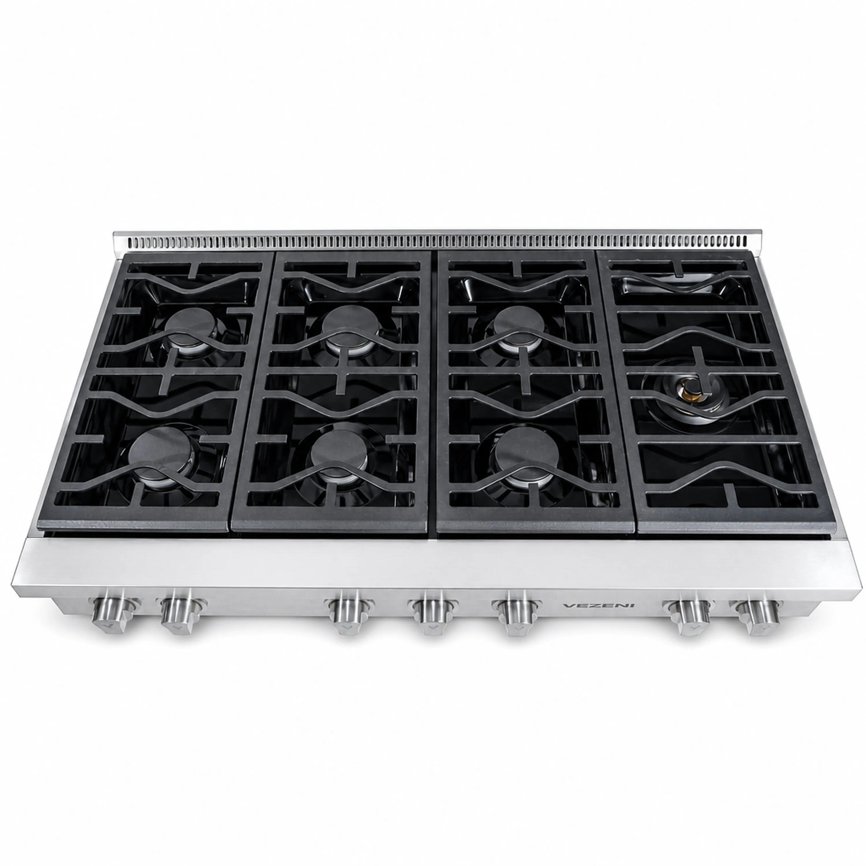 Stainless steel gas rangetop showing four black burner grates and center controls