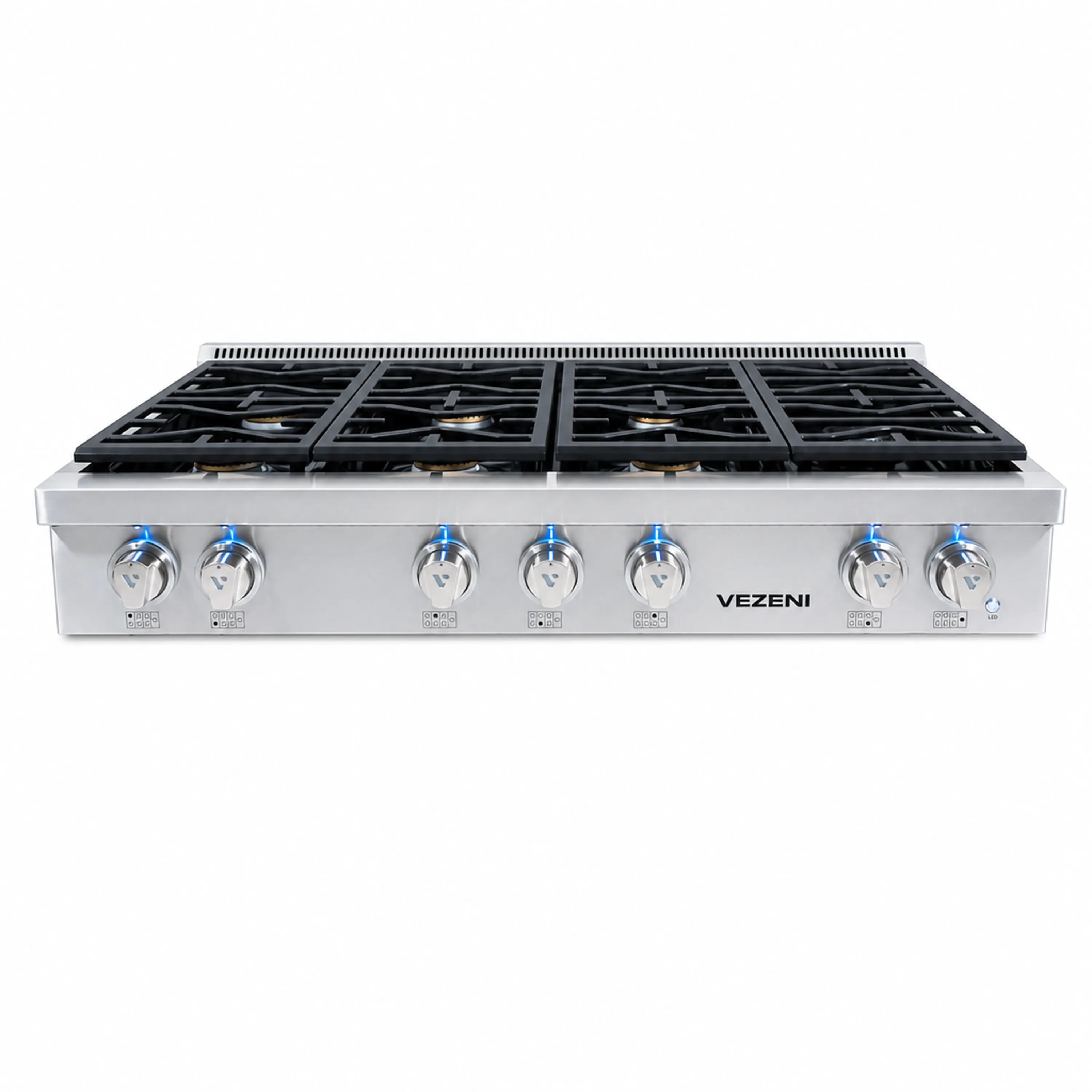 Stainless steel gas rangetop with four burners and silver control knobs