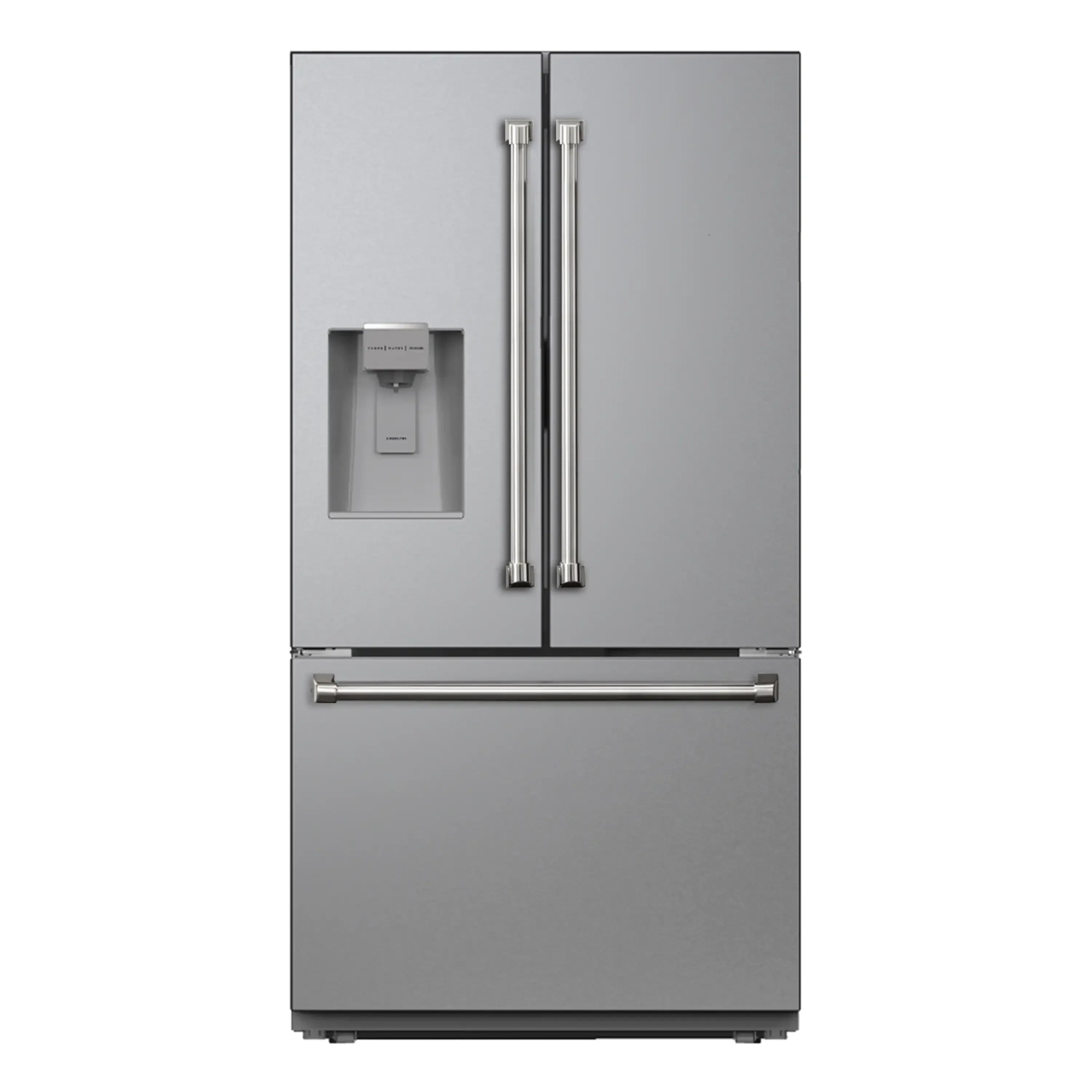 Stainless steel French door refrigerator with water/ice dispenser and bottom freezer drawer