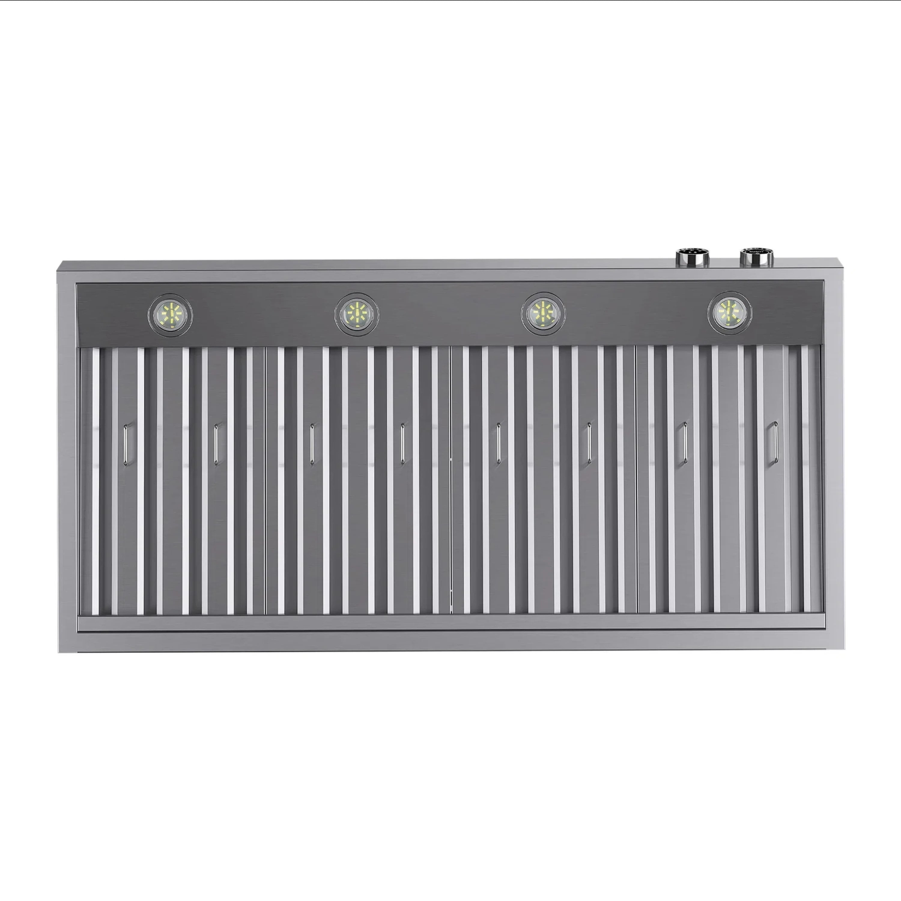 Stainless steel ducted under-cabinet range hood with vent baffle and round light windows