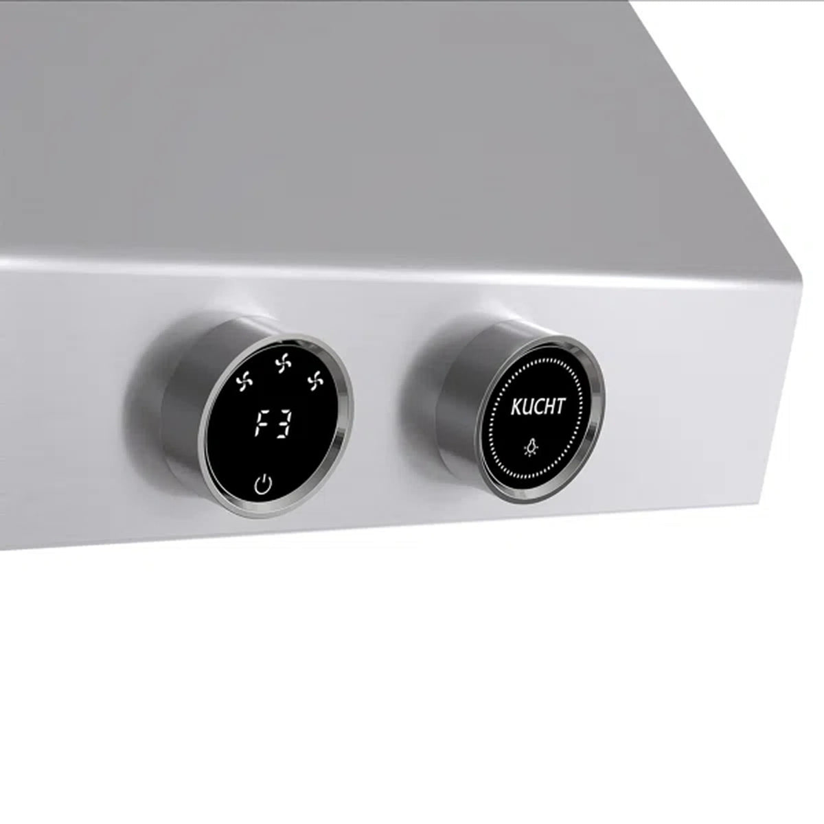 Stainless steel range front control panel with two round knob dials