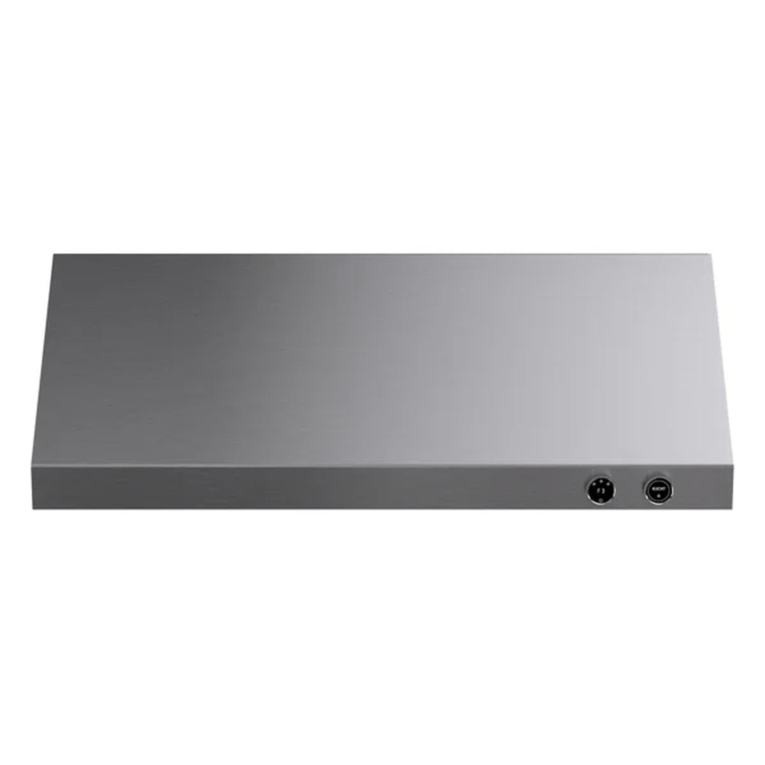 Stainless steel range hood side panel with two small control buttons